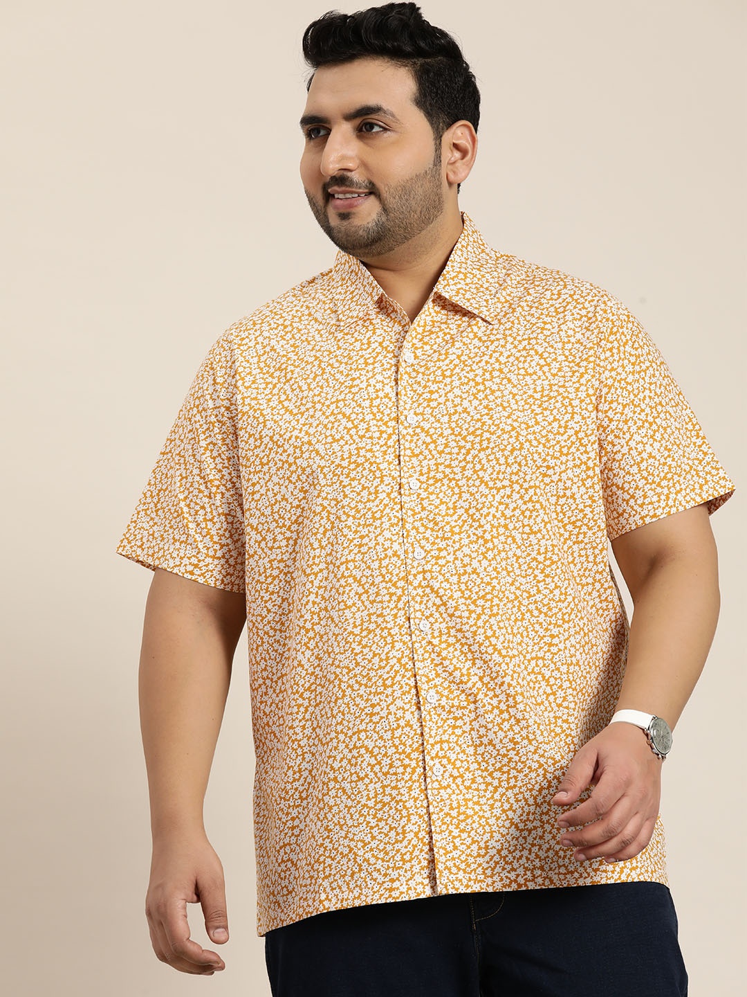 

Sztori Men Plus Size Original Floral Printed Casual Shirt, Yellow