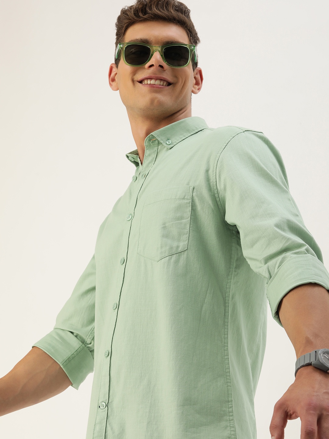 

Mast & Harbour Men Standard Opaque Casual Shirt, Green