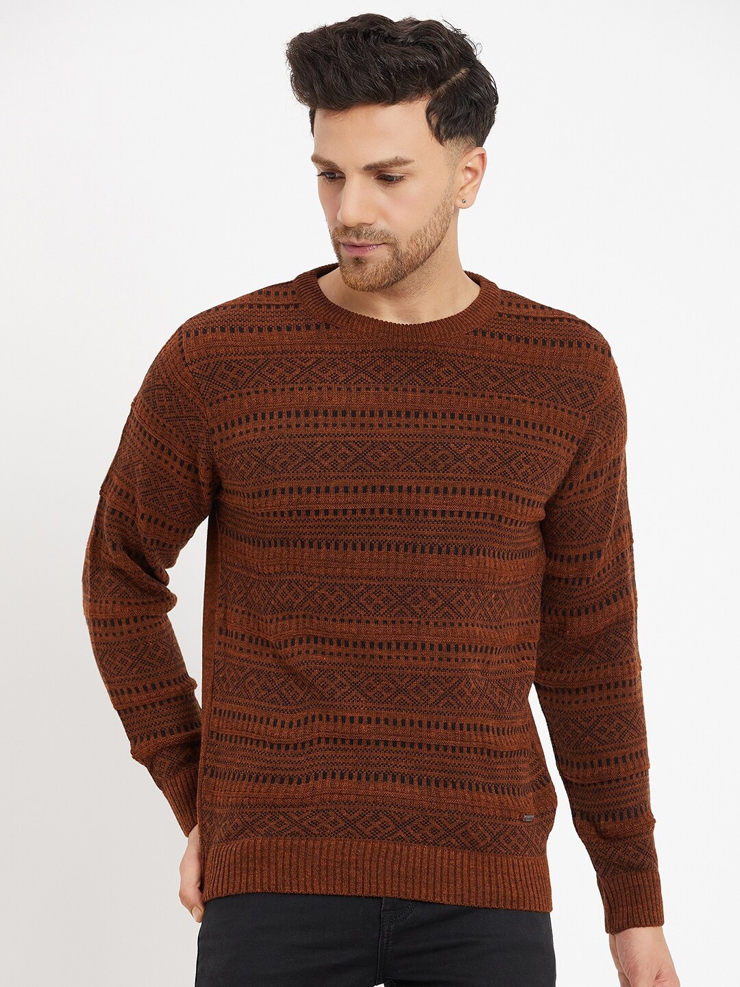 

Duke Geometric Self Design Round Neck Pullover, Red