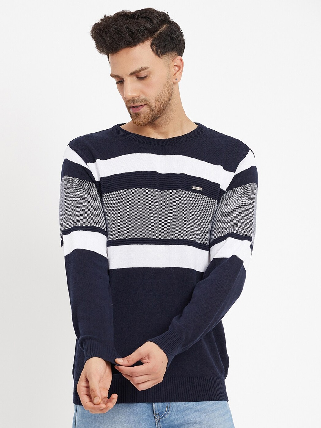 

Duke Striped Round Neck Pullover, Blue