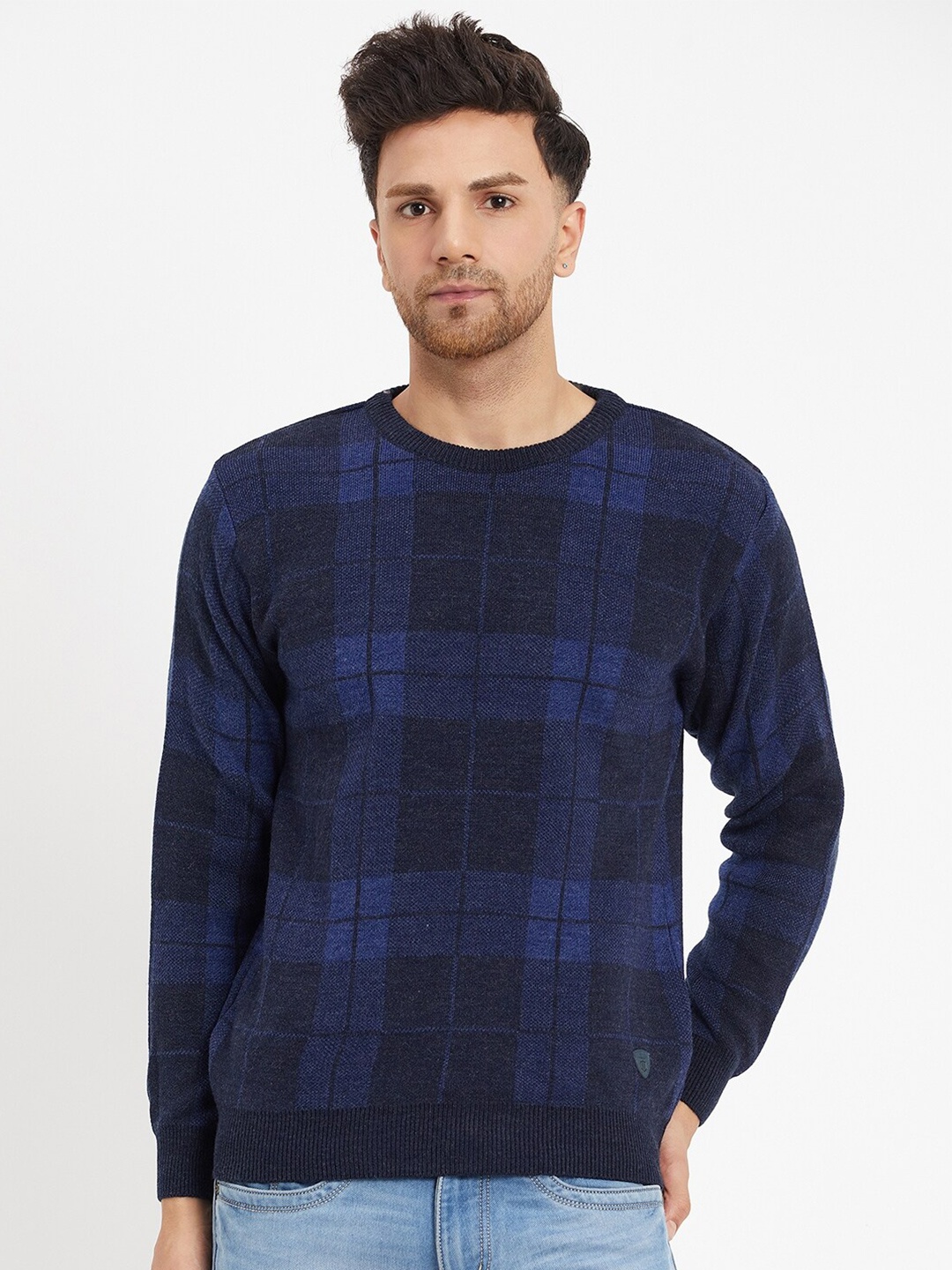 

Duke Checked Round Neck Pullover, Navy blue