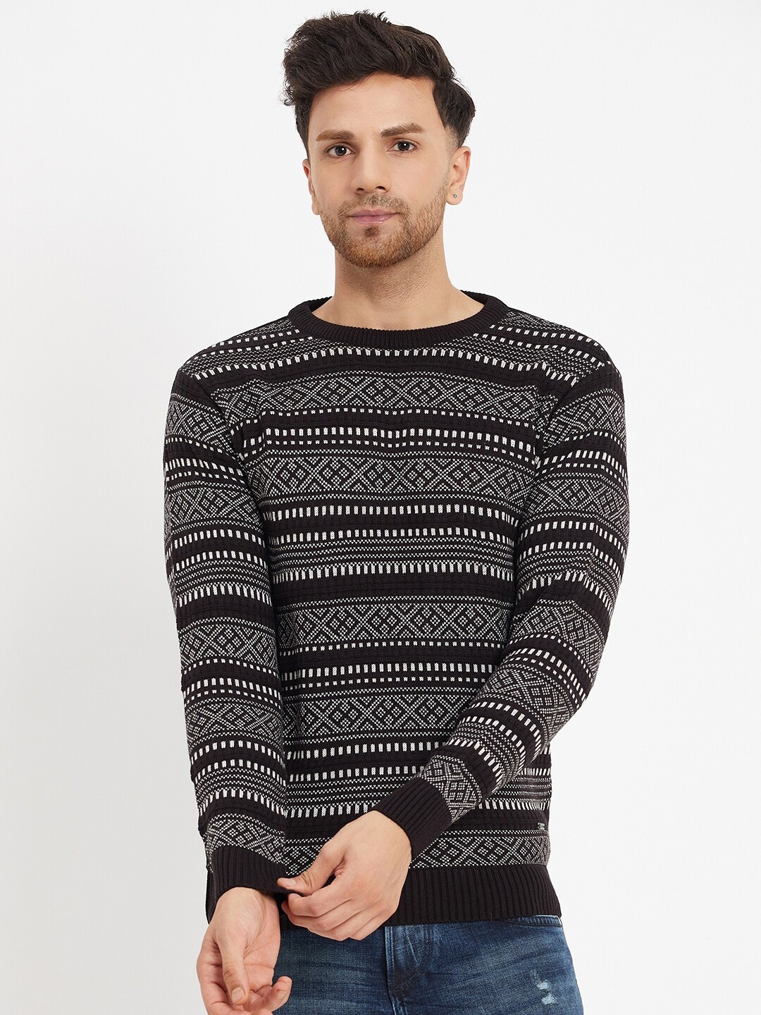 

Duke Geometric Self Design Round Neck Pullover, Black