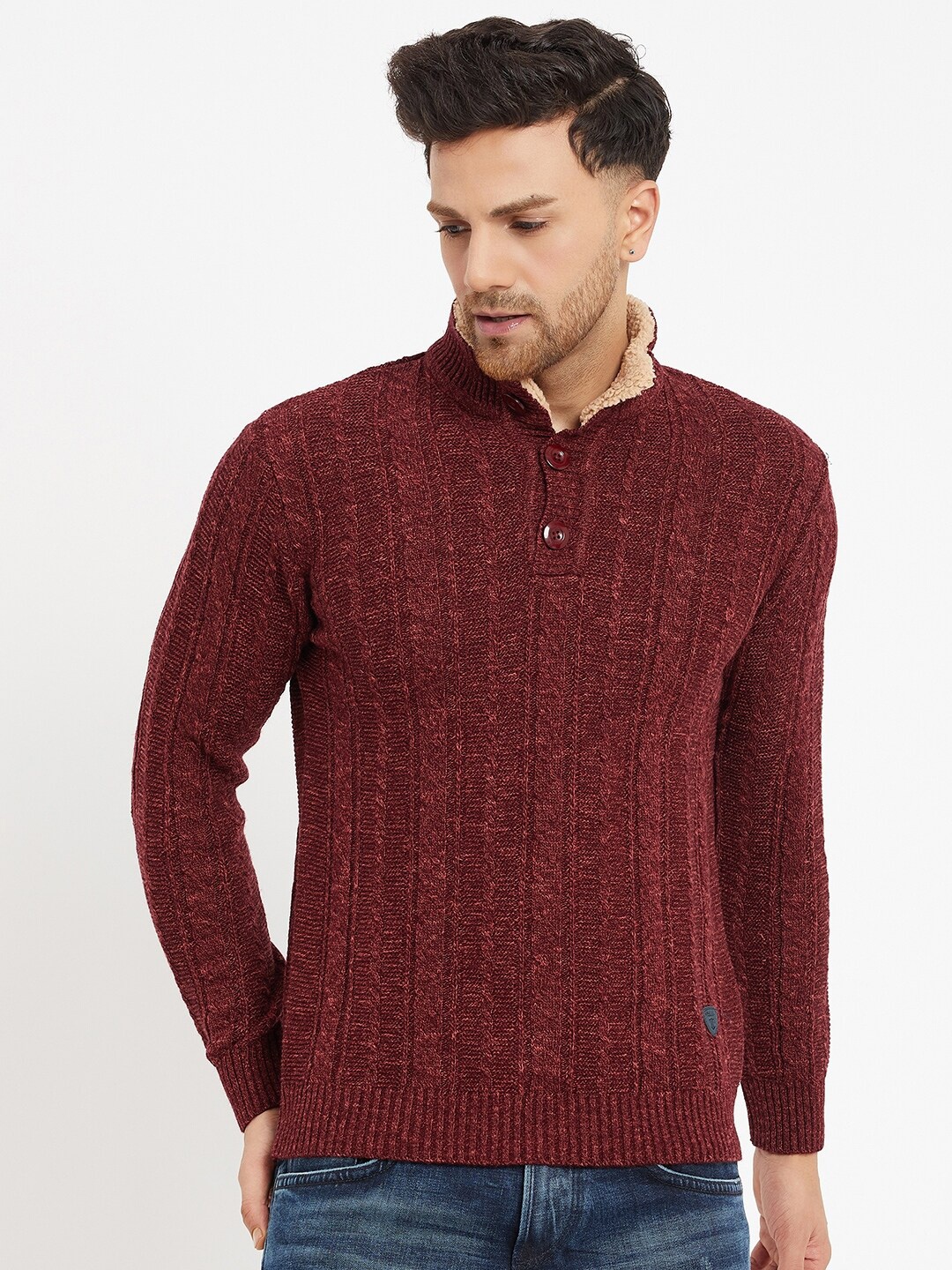 

Duke Self Design Cable Knit Mock Collar Pullover, Maroon
