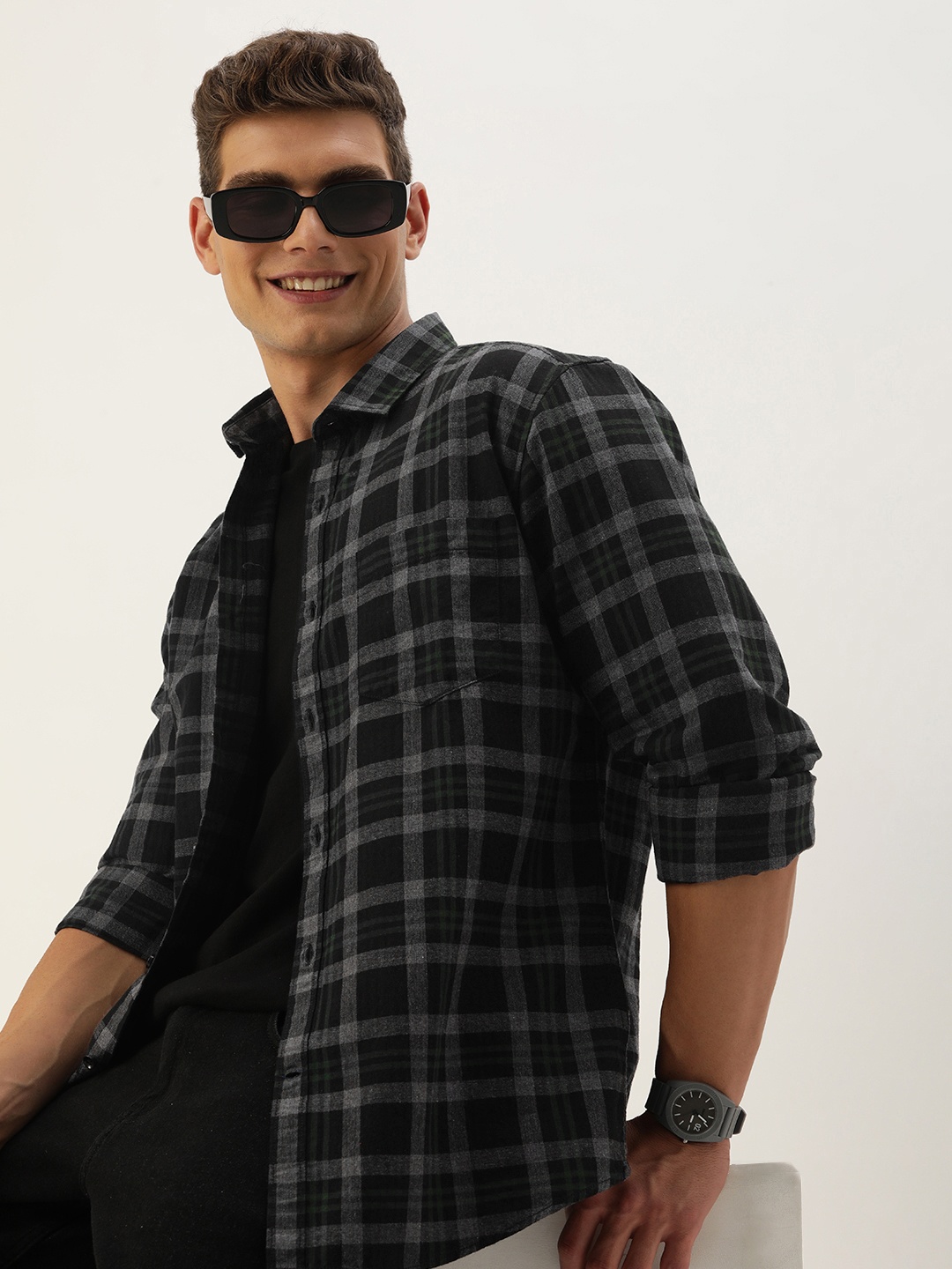 

Mast & Harbour Men Standard Opaque Checked Casual Shirt, Black