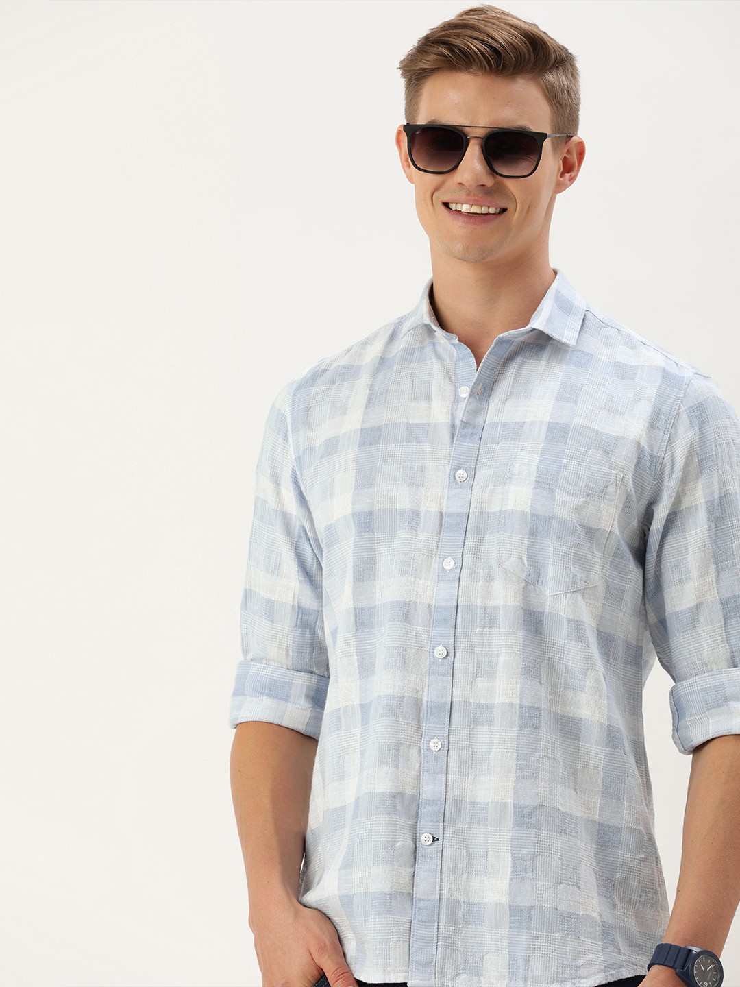 

Mast & Harbour Men Standard Opaque Checked Casual Shirt, Blue