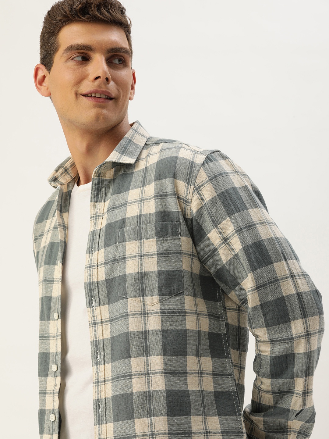 

Mast & Harbour Men Standard Opaque Checked Casual Shirt, Olive