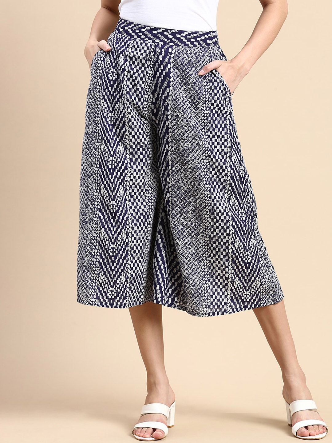 

De Moza Women Geometric Printed Loose Fit High-Rise Culottes Trousers, Navy blue