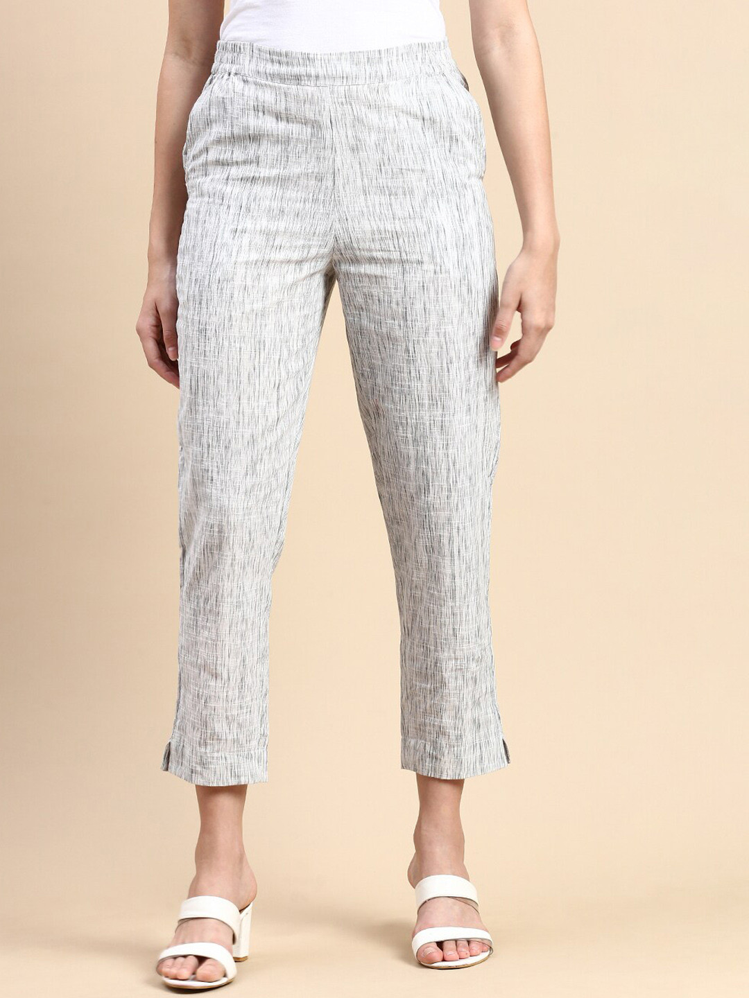 

De Moza Women Woven Design High-Rise Cigarette Cotton Trousers, White