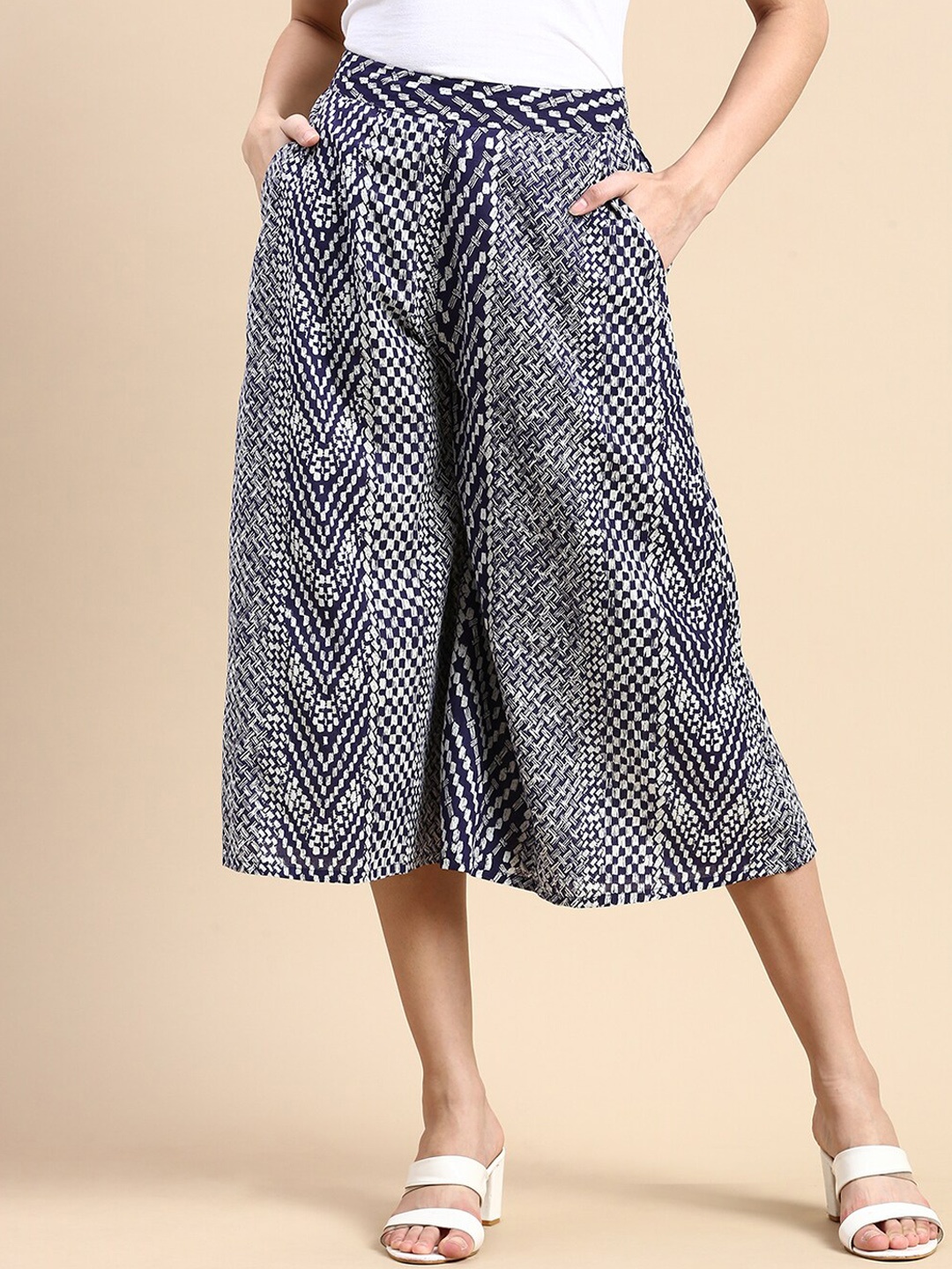 

De Moza Women Printed Loose Fit High-Rise Culottes, Navy blue