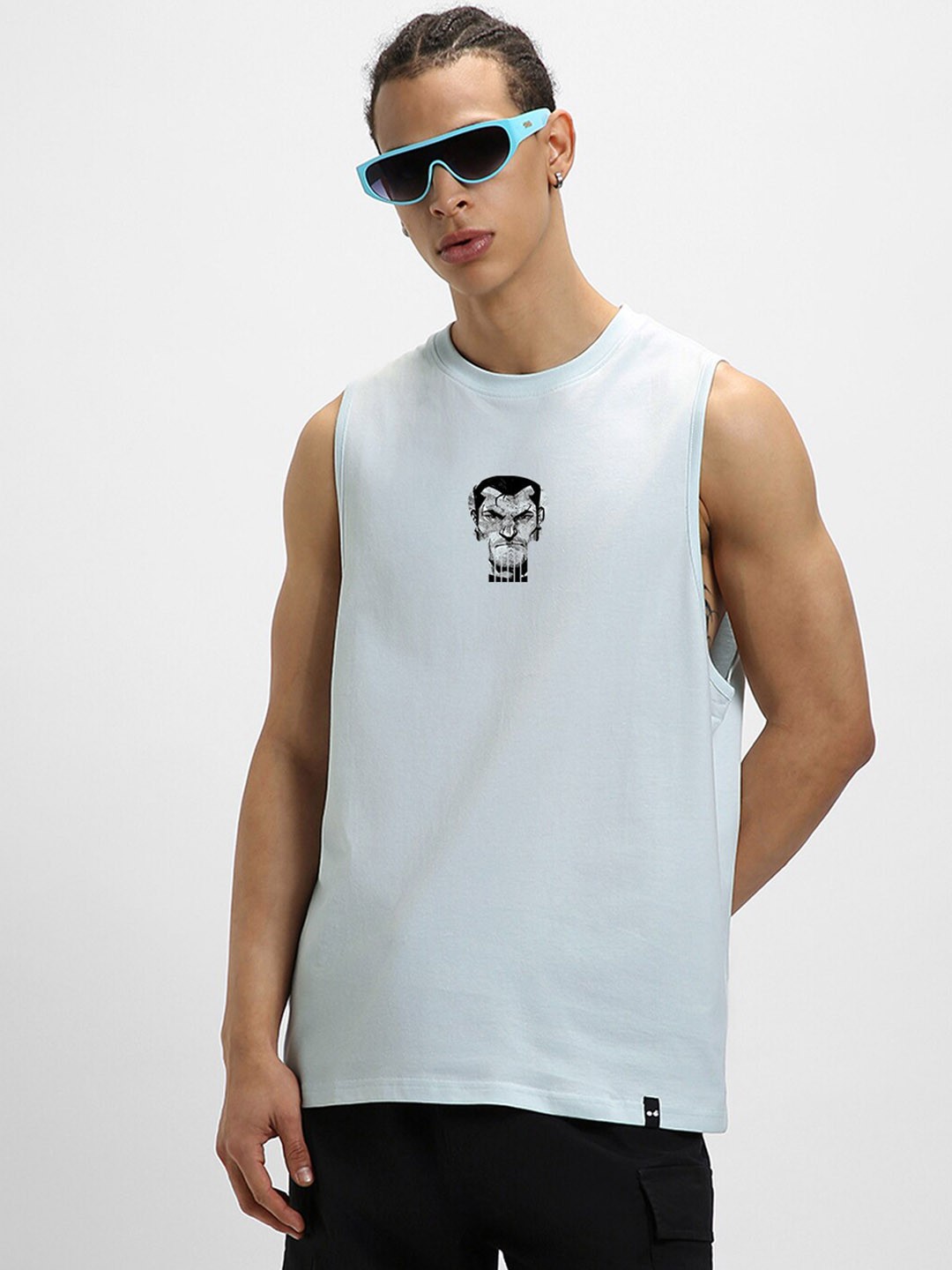 

Bewakoof Blue Marvel Printed Oversized Sleeveless Pure Cotton Gym Vest 605722