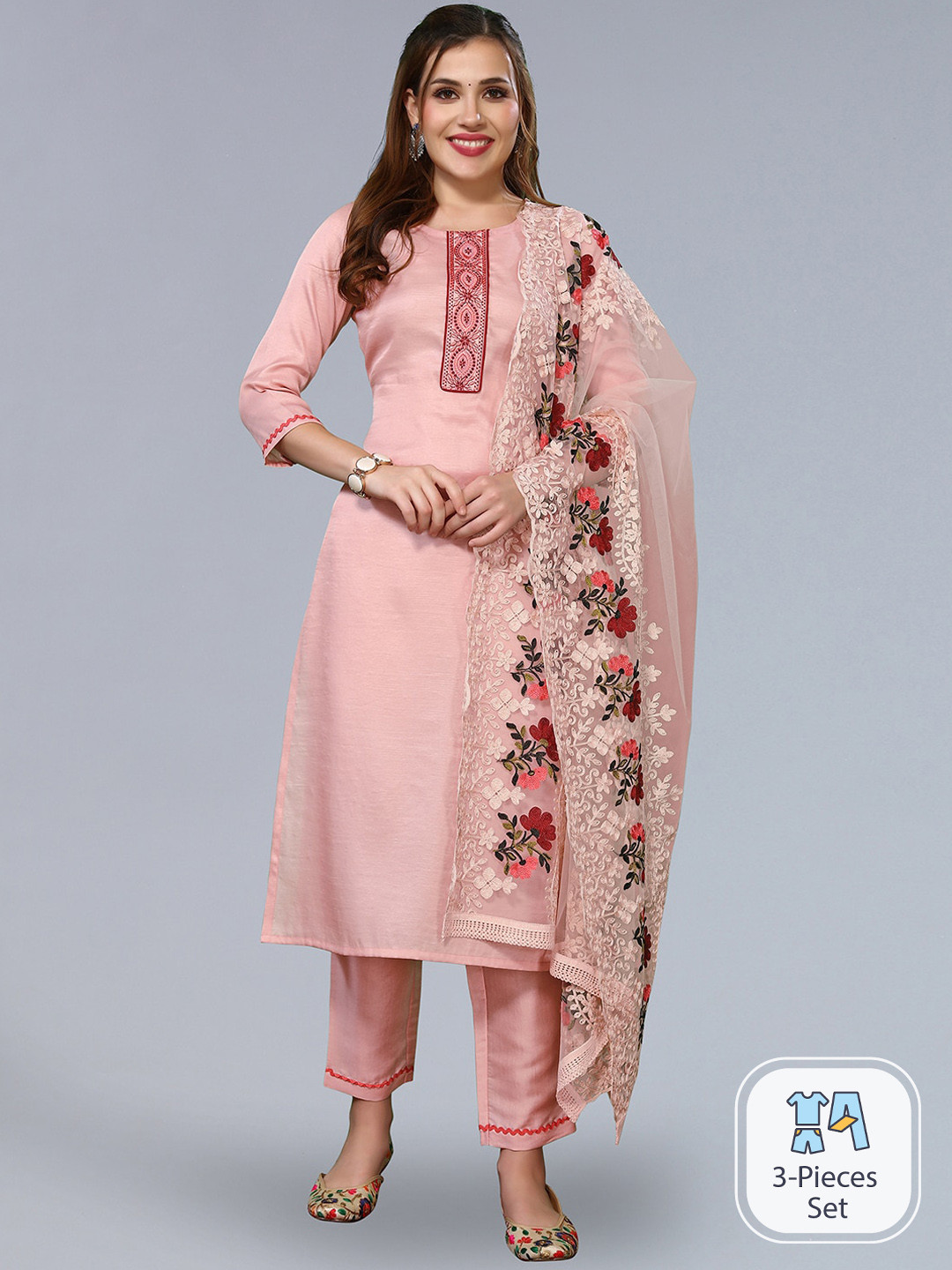 

SKYLEE Floral Embroidered Straight Kurta With Trousers & Dupatta, Peach