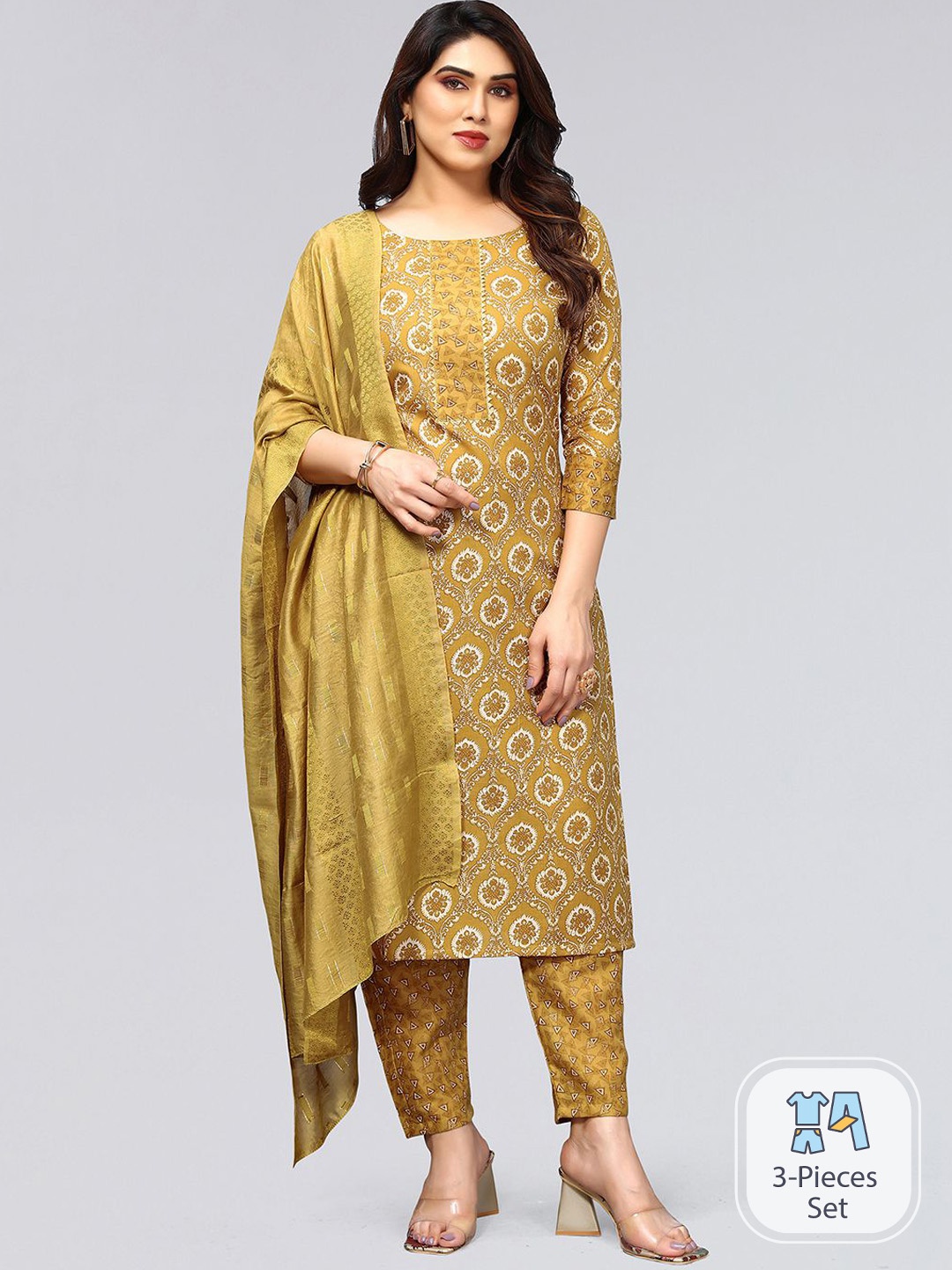 

SKYLEE Ethnic Printed Straight Gotta Patti Kurta With Trousers & Dupatta, Mustard