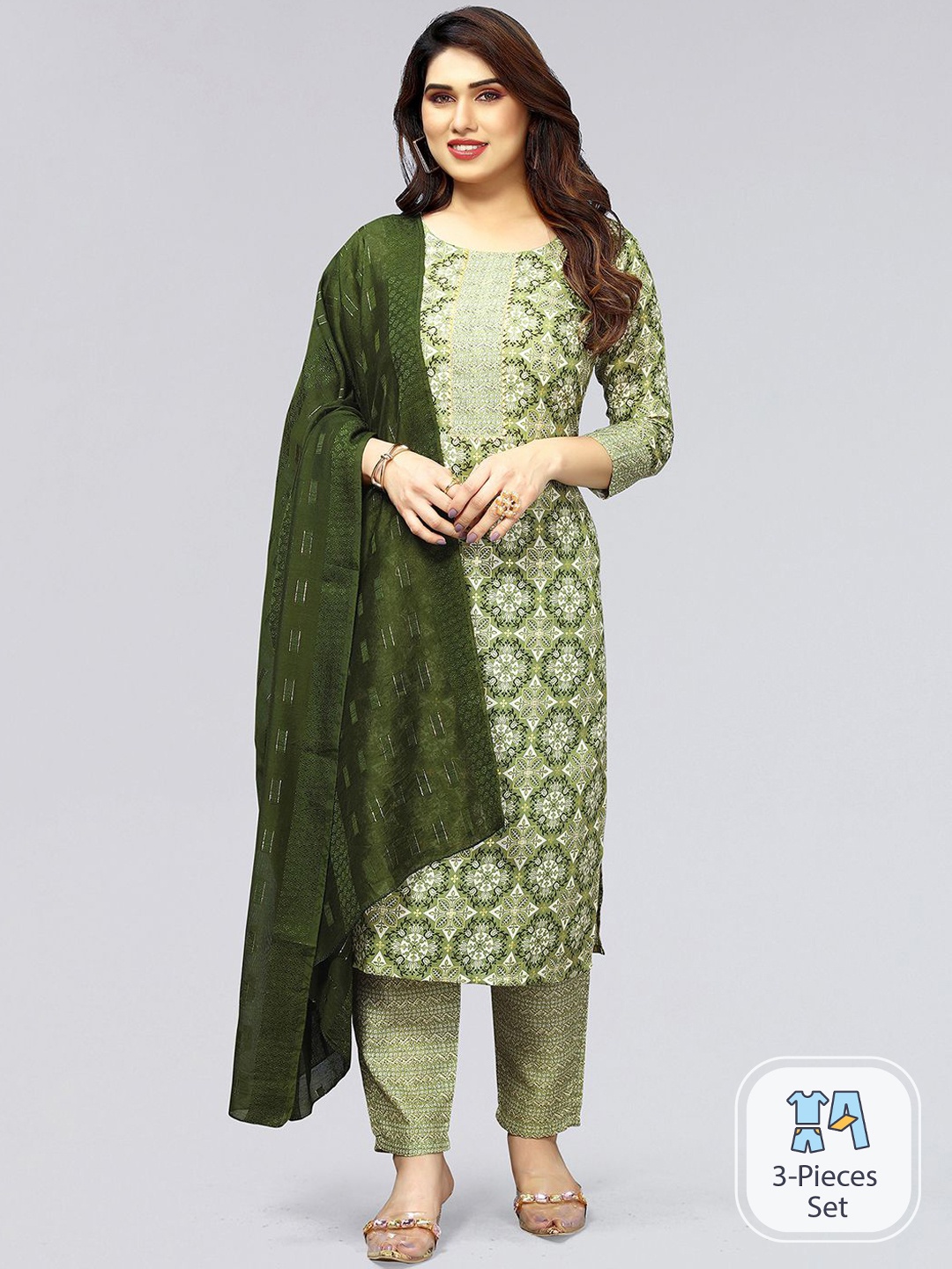 

SKYLEE Ethnic Motifs Printed Straight Kurta & Trousers With Dupatta, Green