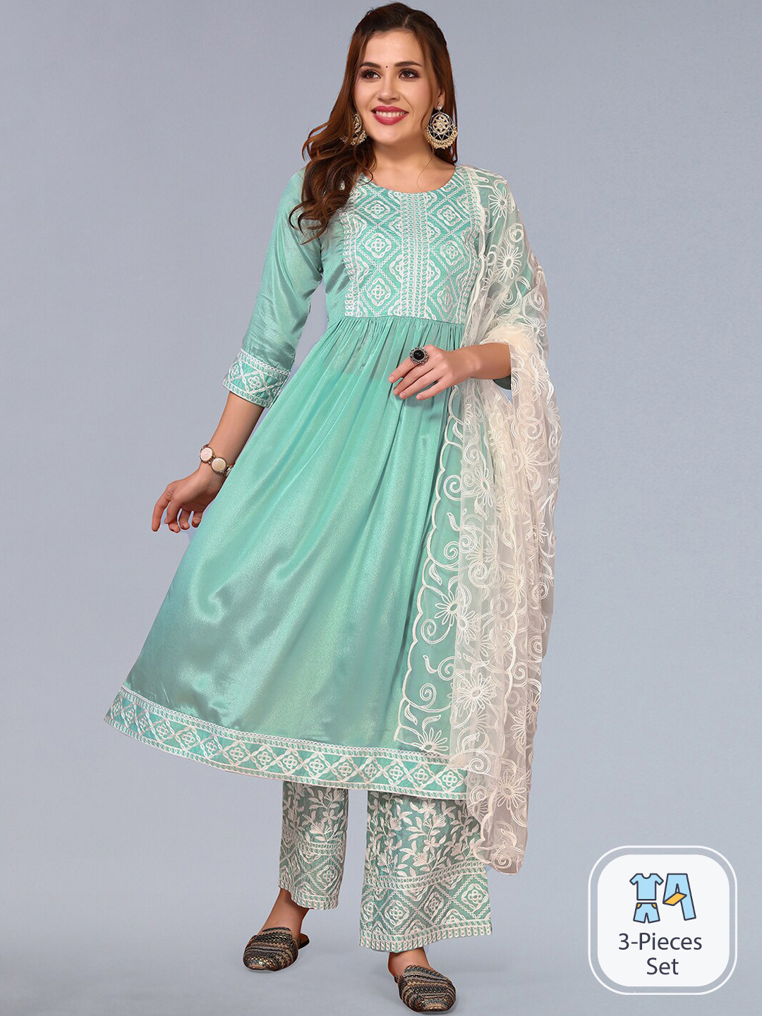 

SKYLEE Ethnic Motifs Yoke Design Thread Work Anarkali Kurta & Trousers With Dupatta, Sea green