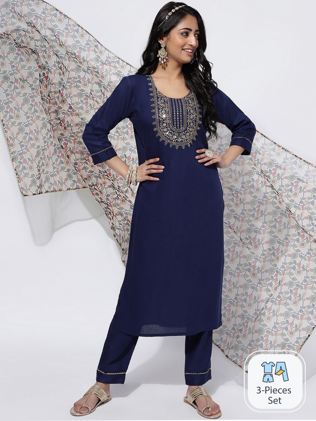 

SKYLEE Floral Embroidered Yoke Design Straight Kurta With Trousers & Dupatta, Navy blue