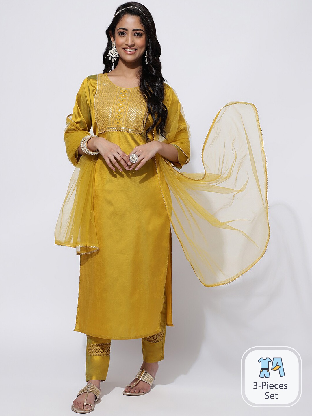 

SKYLEE Ethnic Motifs Yoke Design Straight Gotta Patti Kurta With Trousers & Dupatta, Mustard