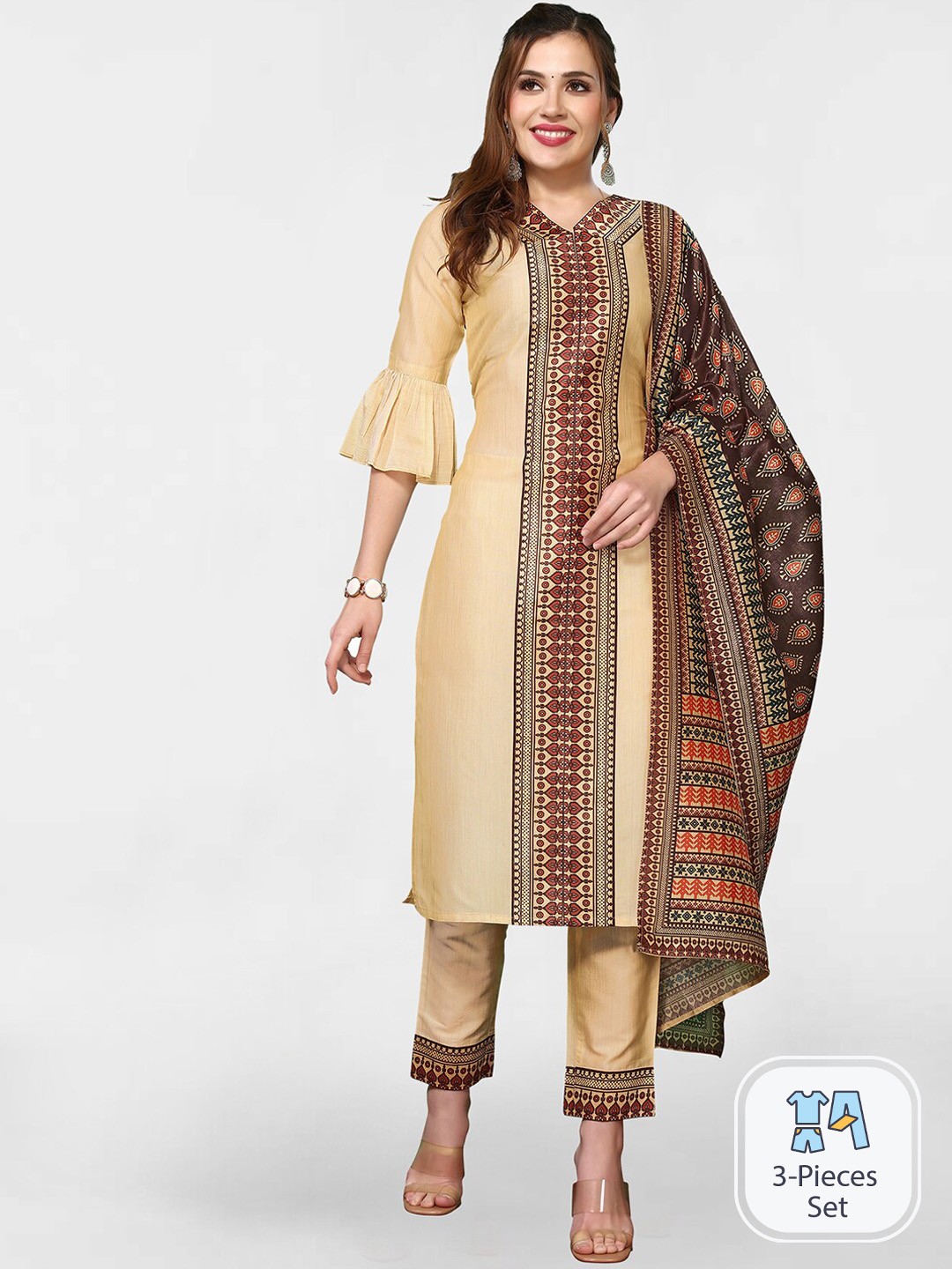 

SKYLEE Ethnic Motifs Printed Straight Kurta With Trousers & Dupatta, Cream