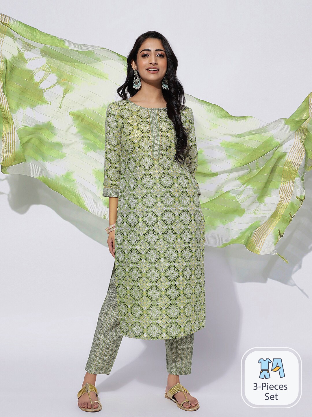 

SKYLEE Ethnic Motifs Printed Regular Kurta With Trousers & Dupatta, Green