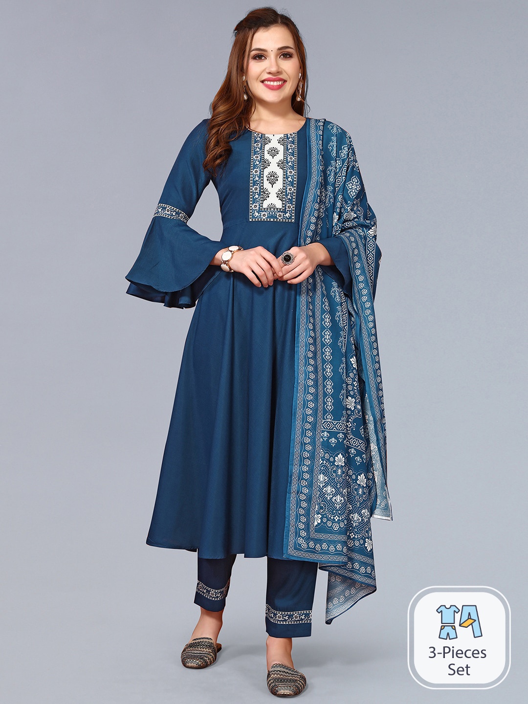 

SKYLEE Ethnic Motifs Printed Regular Kurta With Trousers & Dupatta, Teal
