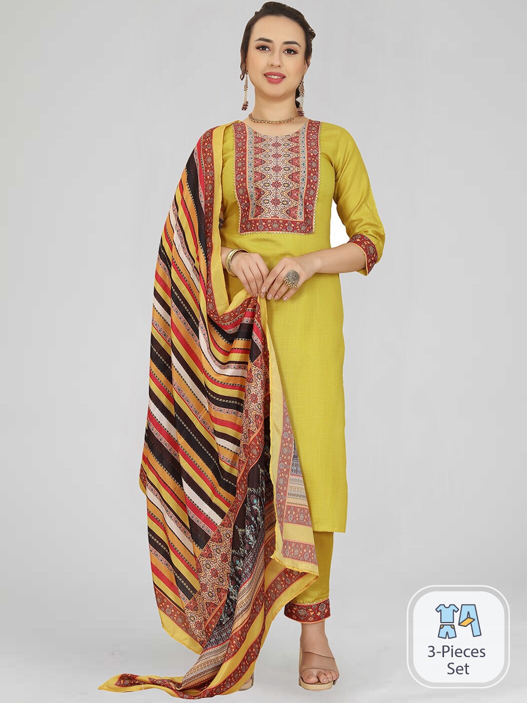 

SKYLEE Ethnic Motifs Printed Regular Kurta With Trousers & Dupatta, Mustard