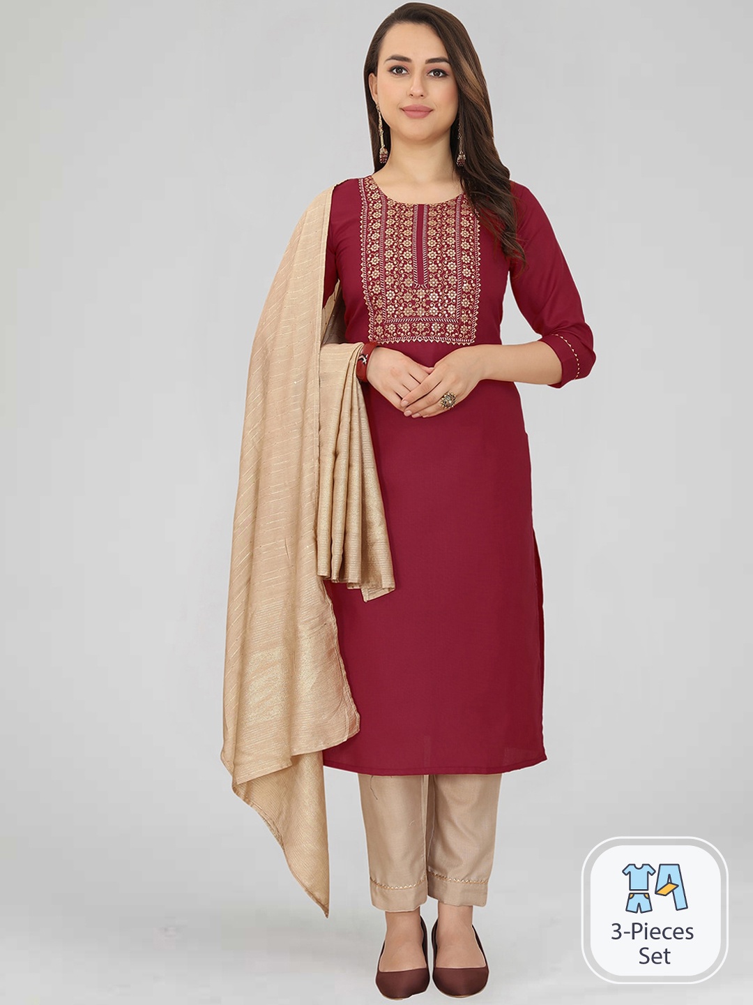 

SKYLEE Ethnic Motifs Embroidered Regular Kurta With Trousers & Dupatta, Maroon