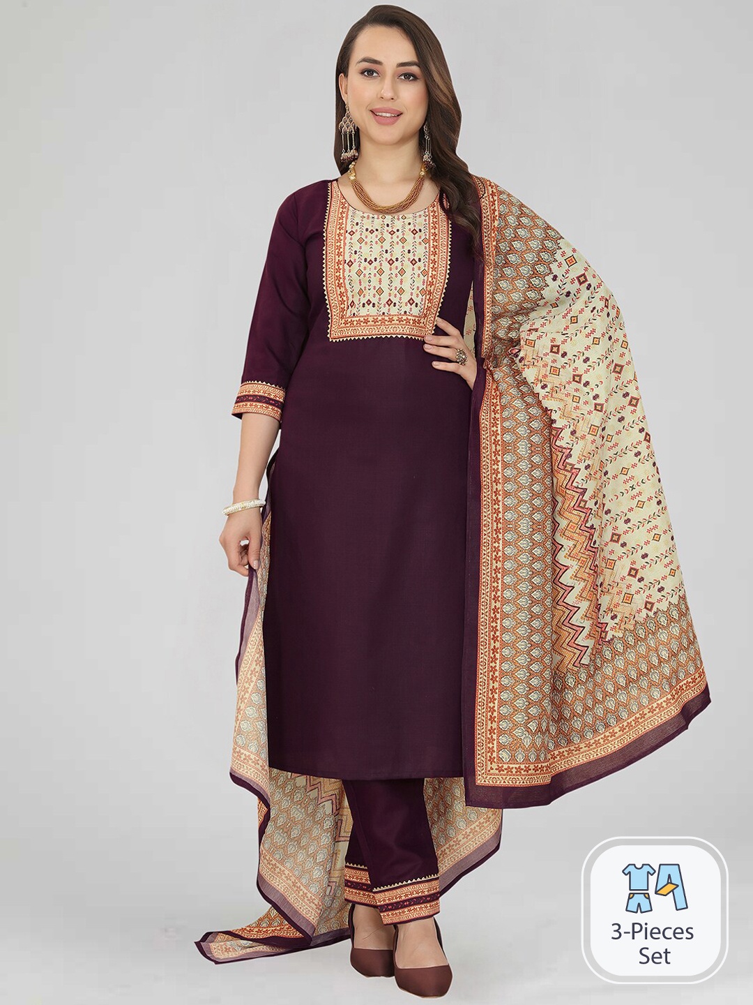 

SKYLEE Ethnic Motifs Printed Regular Kurta With Trousers & Dupatta, Purple