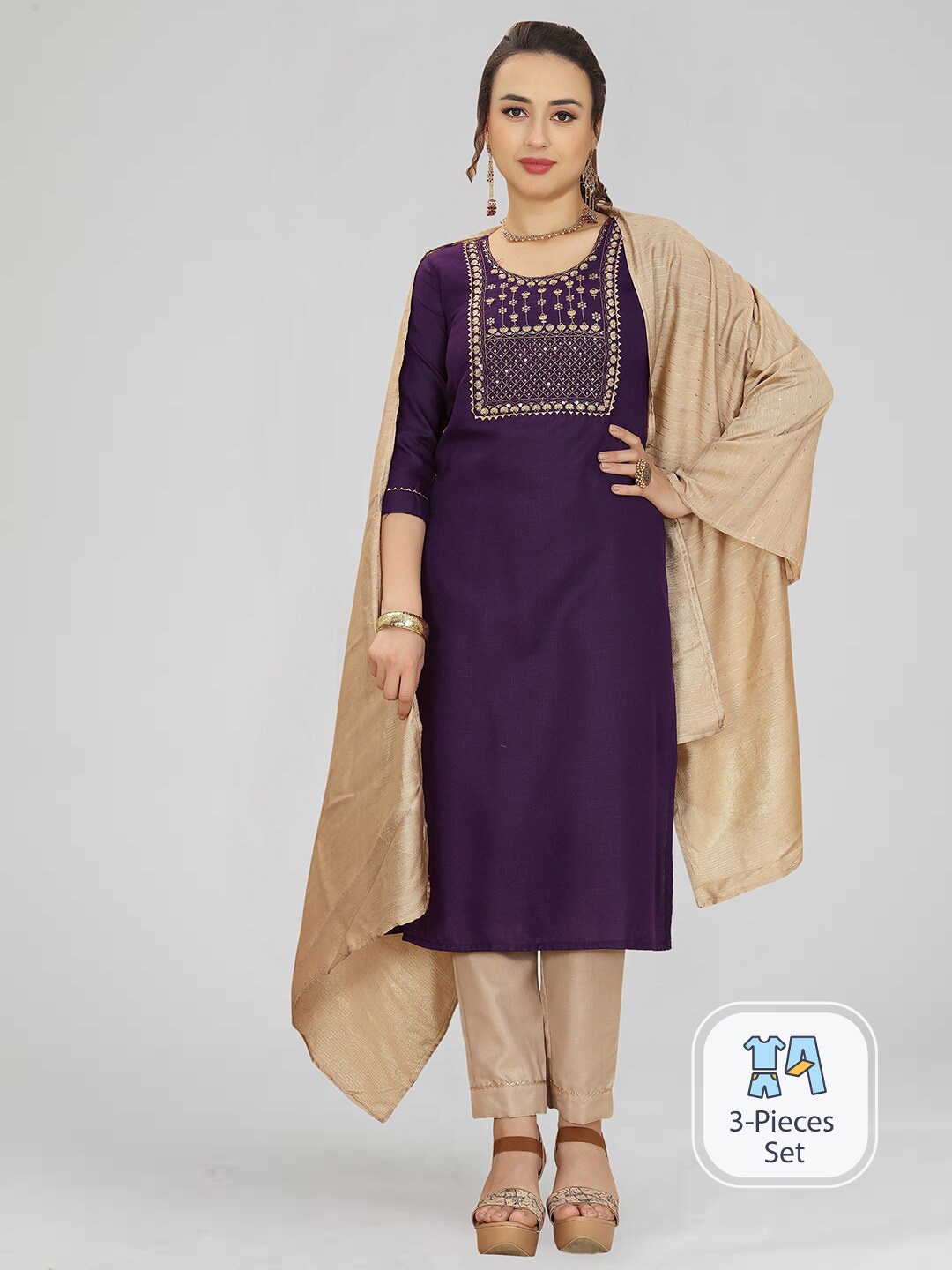 

SKYLEE Floral Embroidered Gotta Patti Straight Kurta With Trousers & Dupatta, Purple