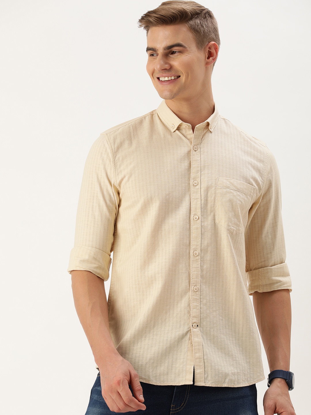 

Mast & Harbour Men Standard Multi Stripes Opaque Casual Shirt, Cream