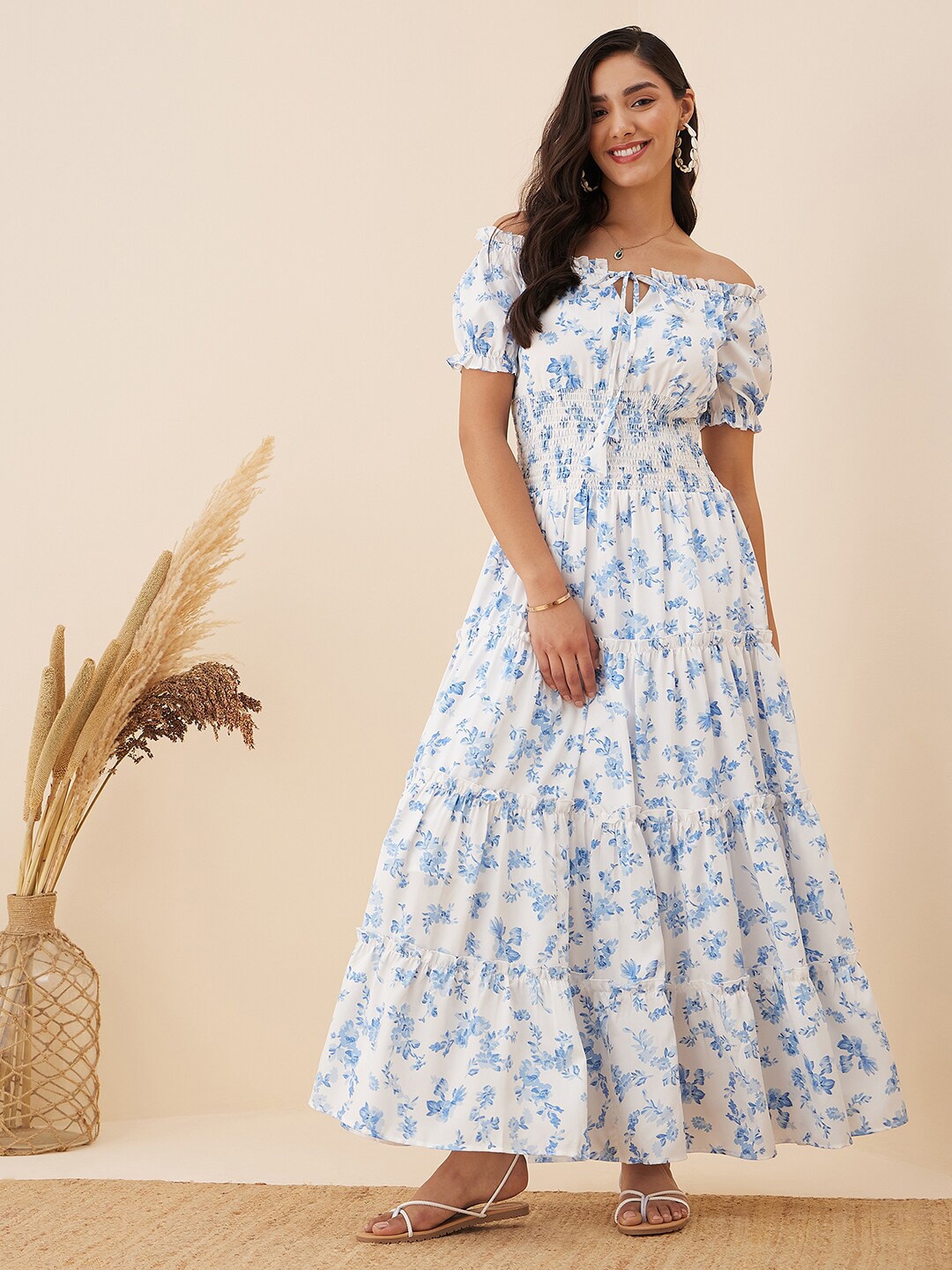 

RARE White Floral Printed Off-Shoulder Maxi Dress