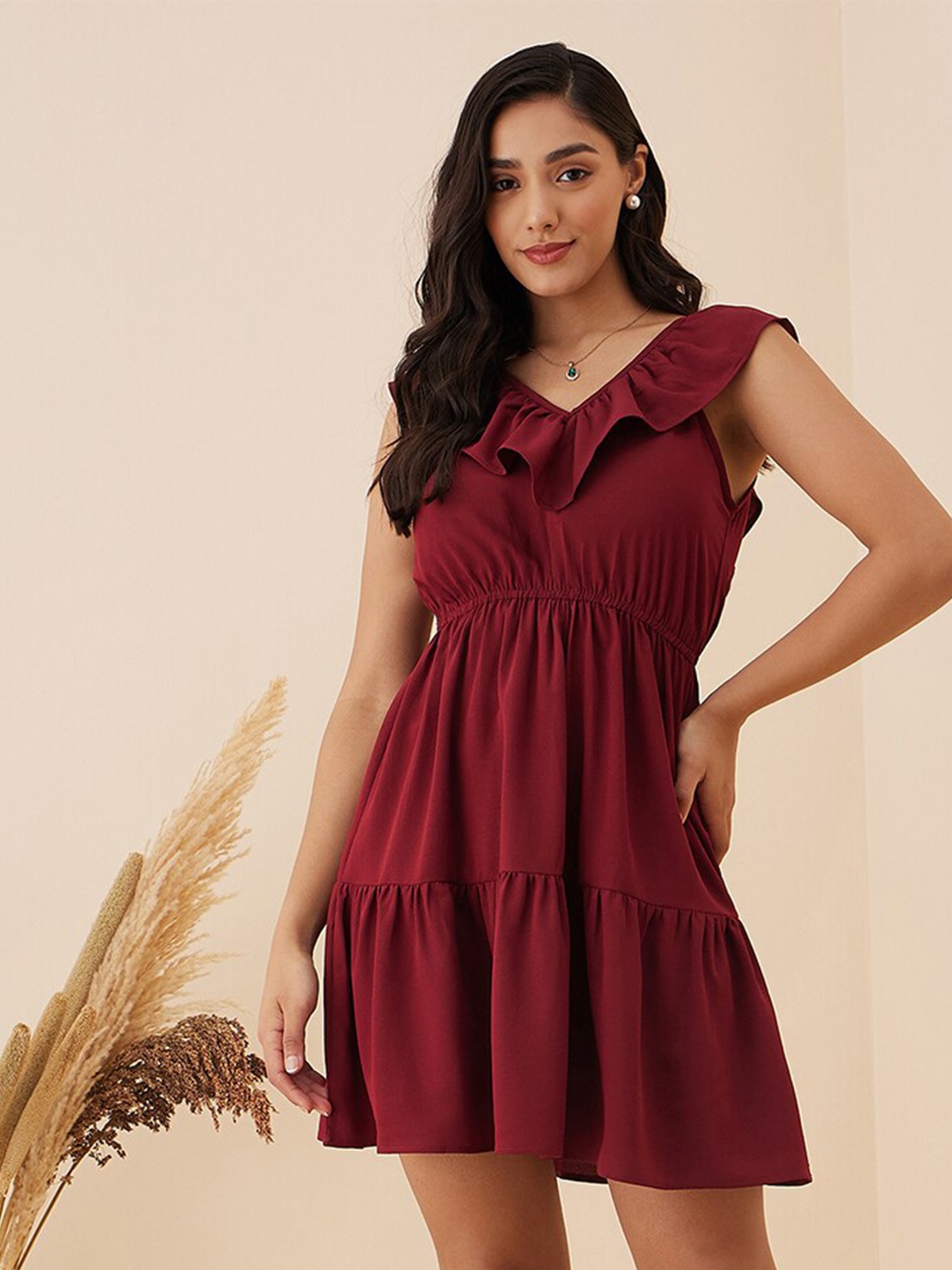 

RARE Maroon V-Neck Tiered Empire Dress