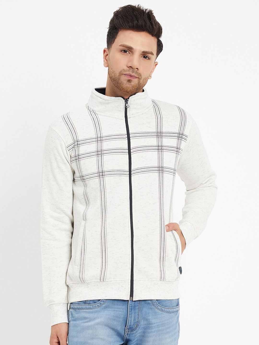 

Duke Checked Mock Collar Fleece Front-Open Sweatshirt, White