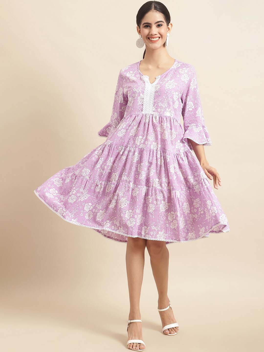 

Sangria Floral Printed Layered Cotton Fit & Flare Ethnic Dress, Purple