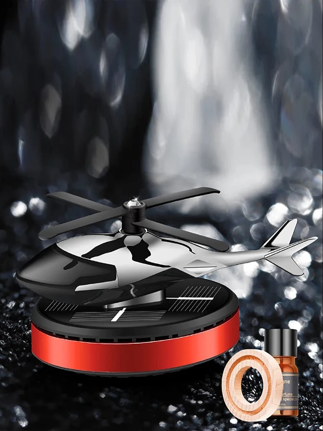 

FEELHIGH Red Solar-Powered Helicopter Natural Beech Ring Car Air Freshener
