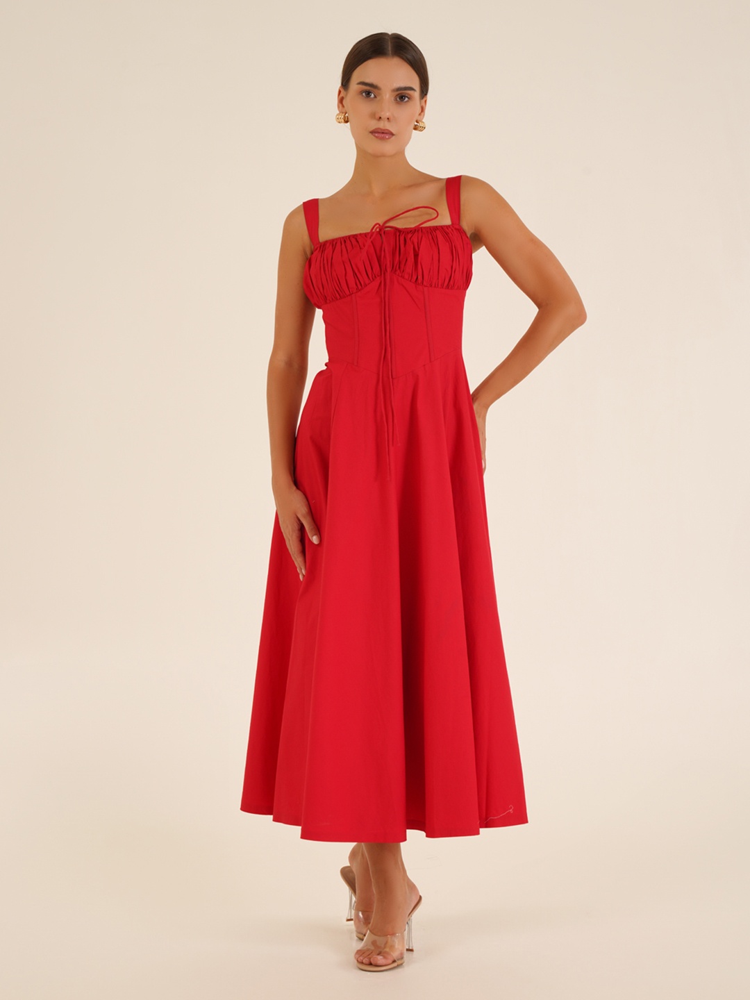 

Ipso Facto Shoulder Strap Gathered Cotton Fit & Flare Midi Dress, Red