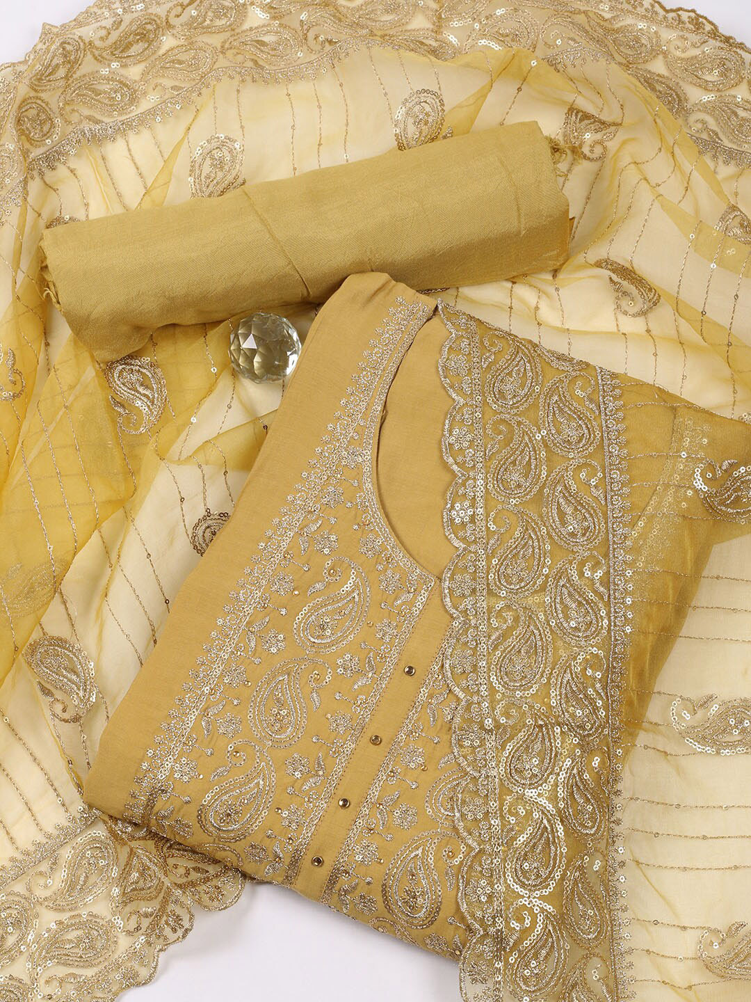 

Meena Bazaar Embellished Art Silk Unstitched Dress Material, Mustard