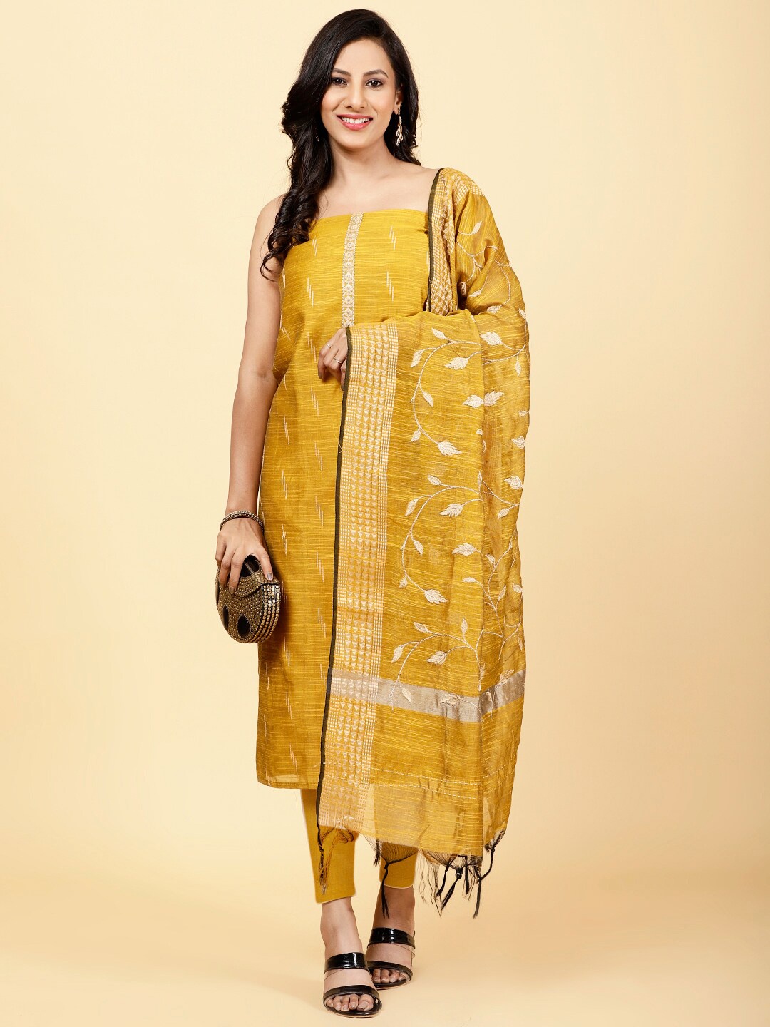 

Meena Bazaar Art Silk Unstitched Dress Material, Mustard