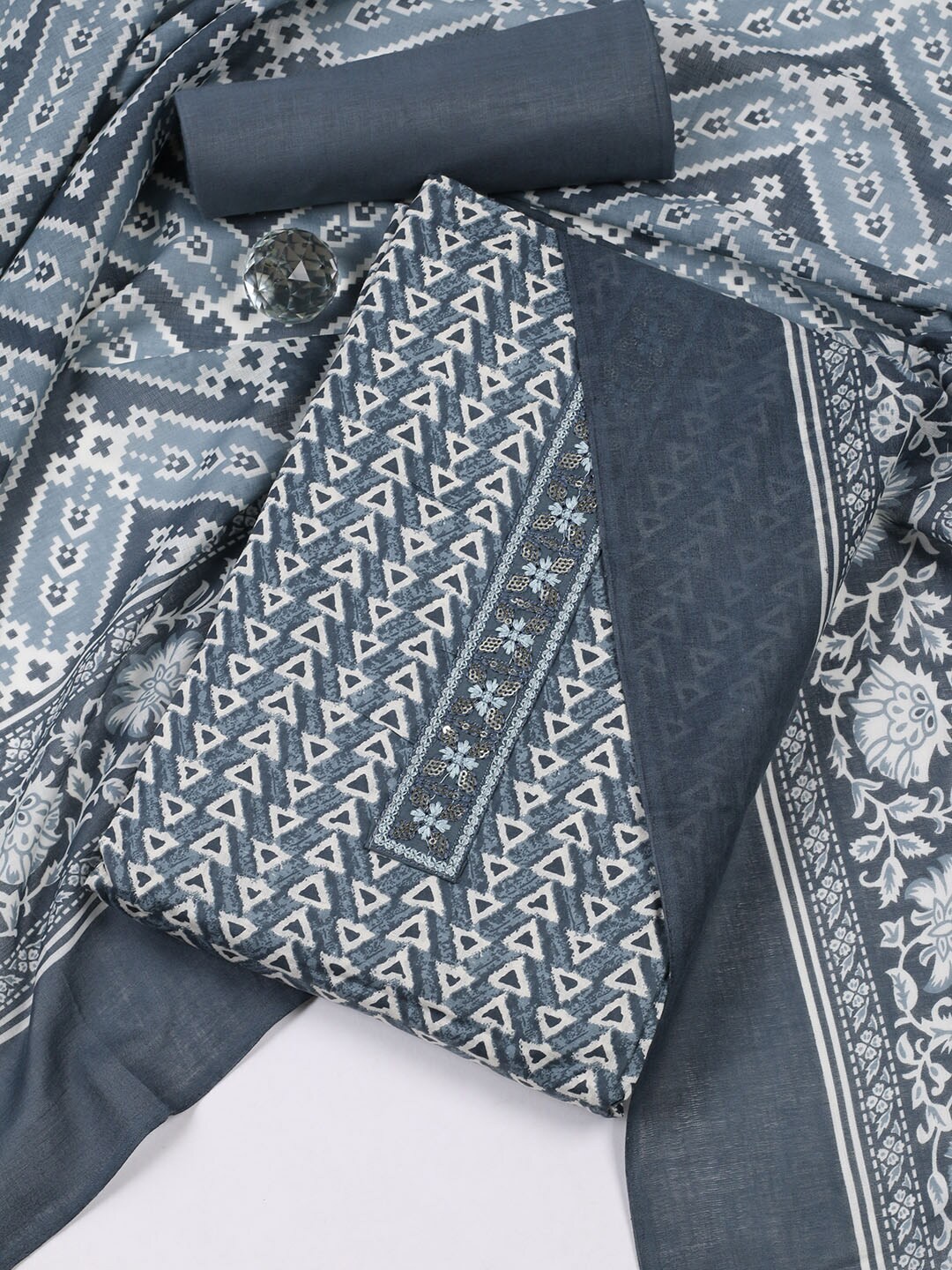 

Meena Bazaar Geometric Printed Unstitched Dress Material, Blue