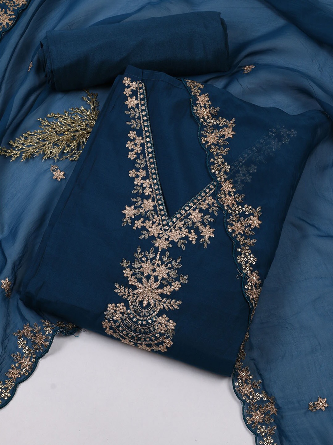 

Meena Bazaar Embellished Unstitched Dress Material, Blue