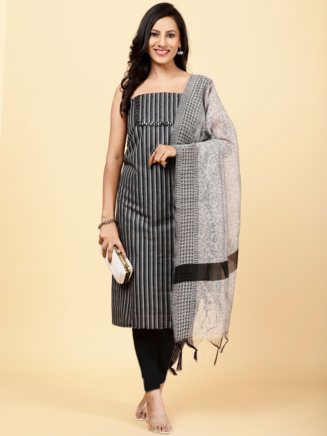 

Meena Bazaar Striped Unstitched Dress Material, Black