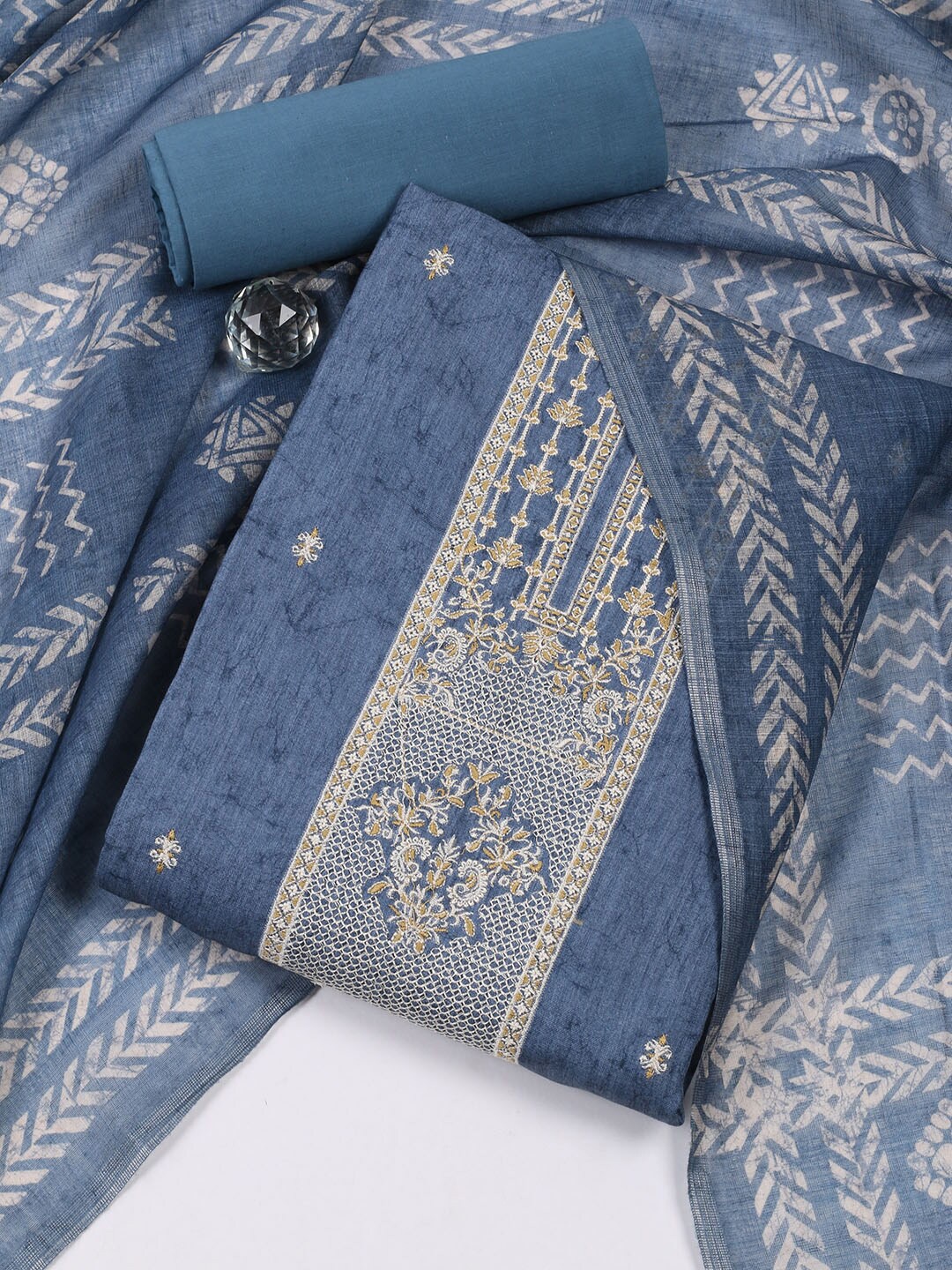 

Meena Bazaar Ethnic Motif Printed Unstitched Dress Material, Blue