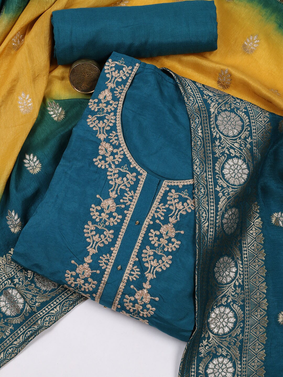 

Meena Bazaar Ethnic Motif Zari Unstitched Dress Material, Blue