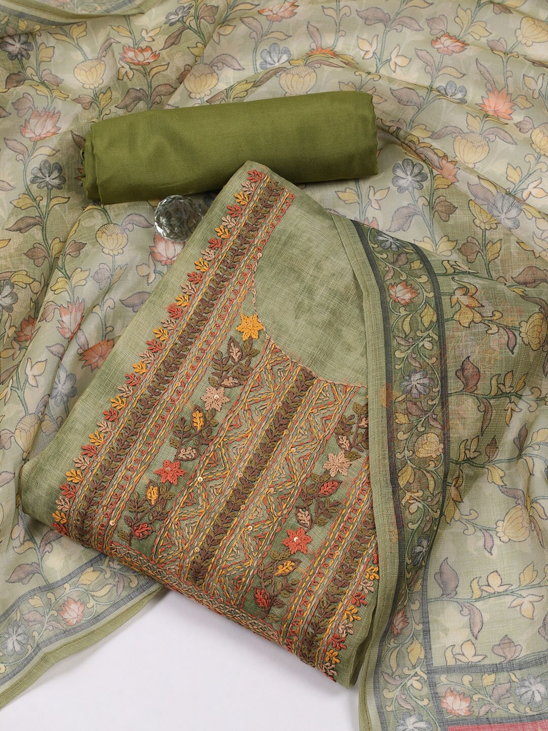 

Meena Bazaar Thread Work Embroidered Art Silk Unstitched Dress Material, Green