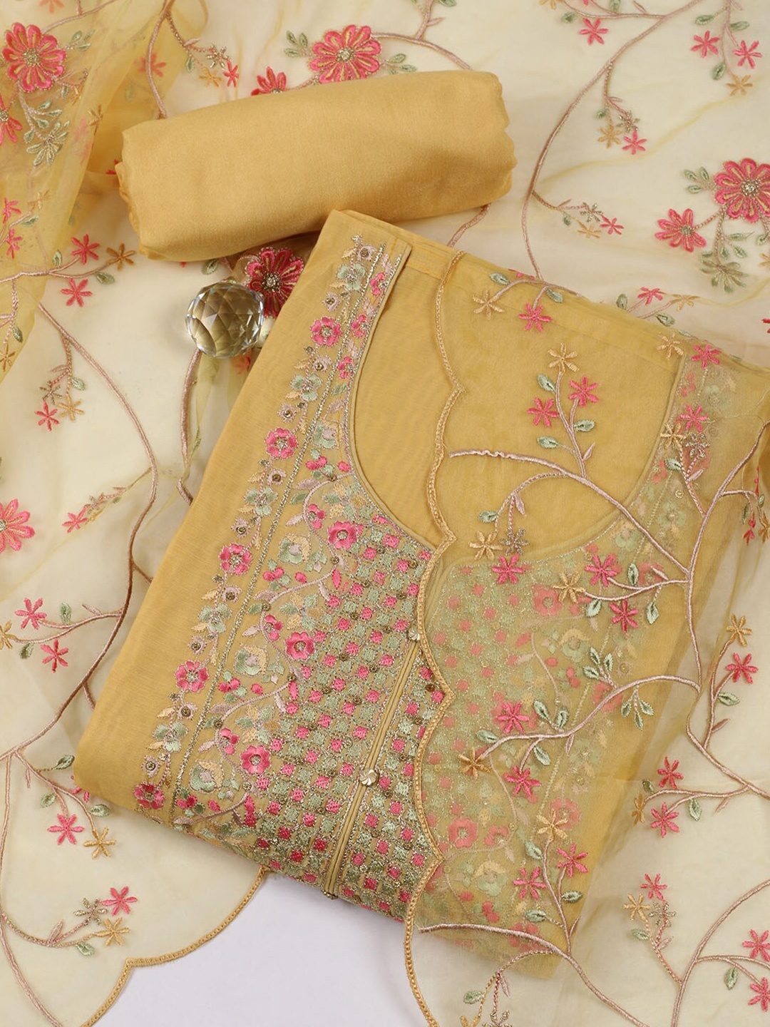 

Meena Bazaar Embroidered Unstitched Dress Material, Mustard