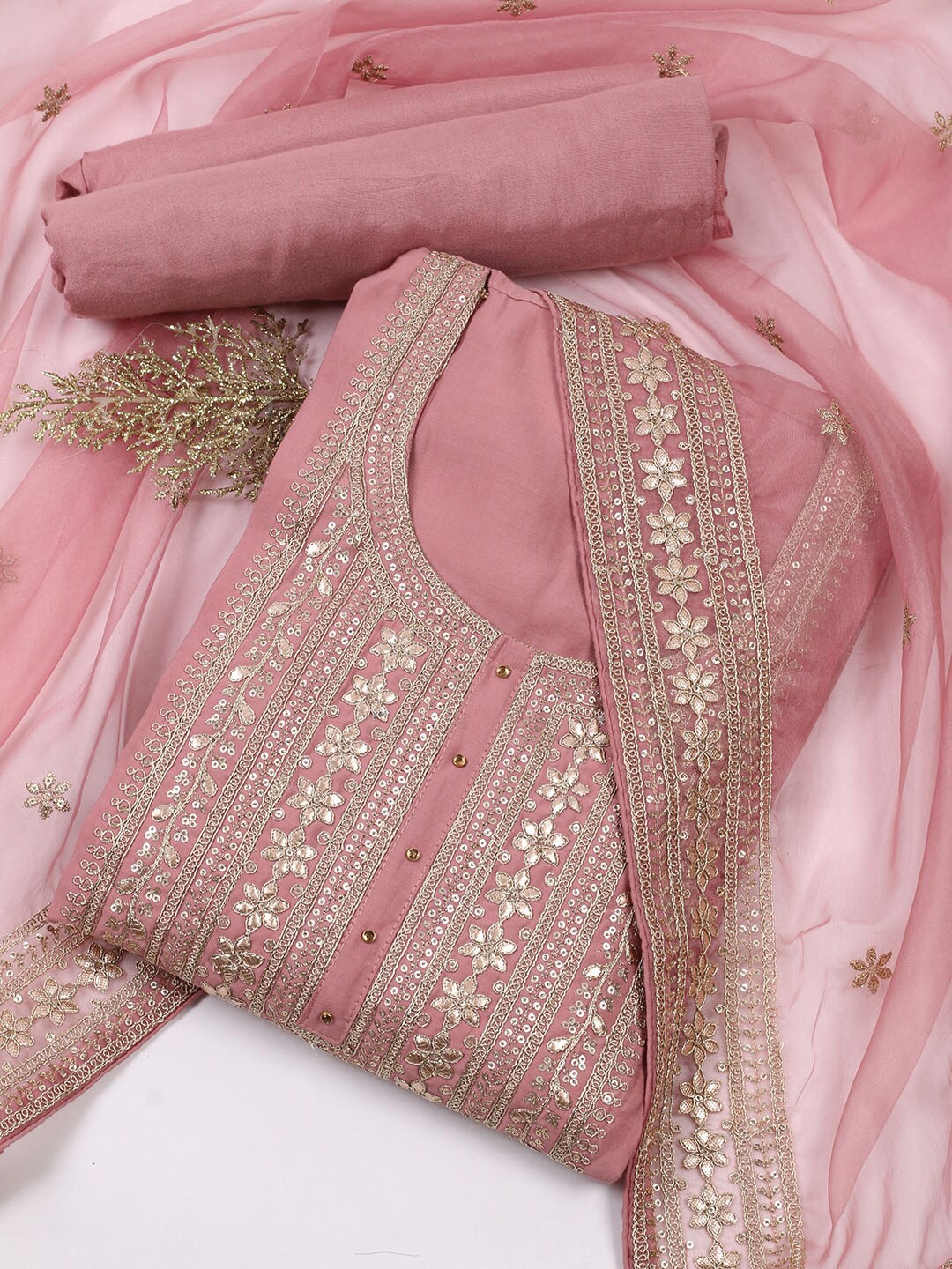 

Meena Bazaar Floral Embellished Gotta Patti Unstitched Dress Material, Pink