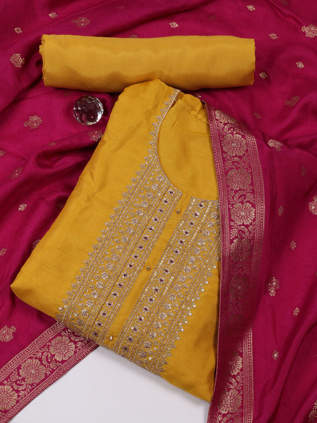 

Meena Bazaar Embellished Unstitched Dress Material, Mustard