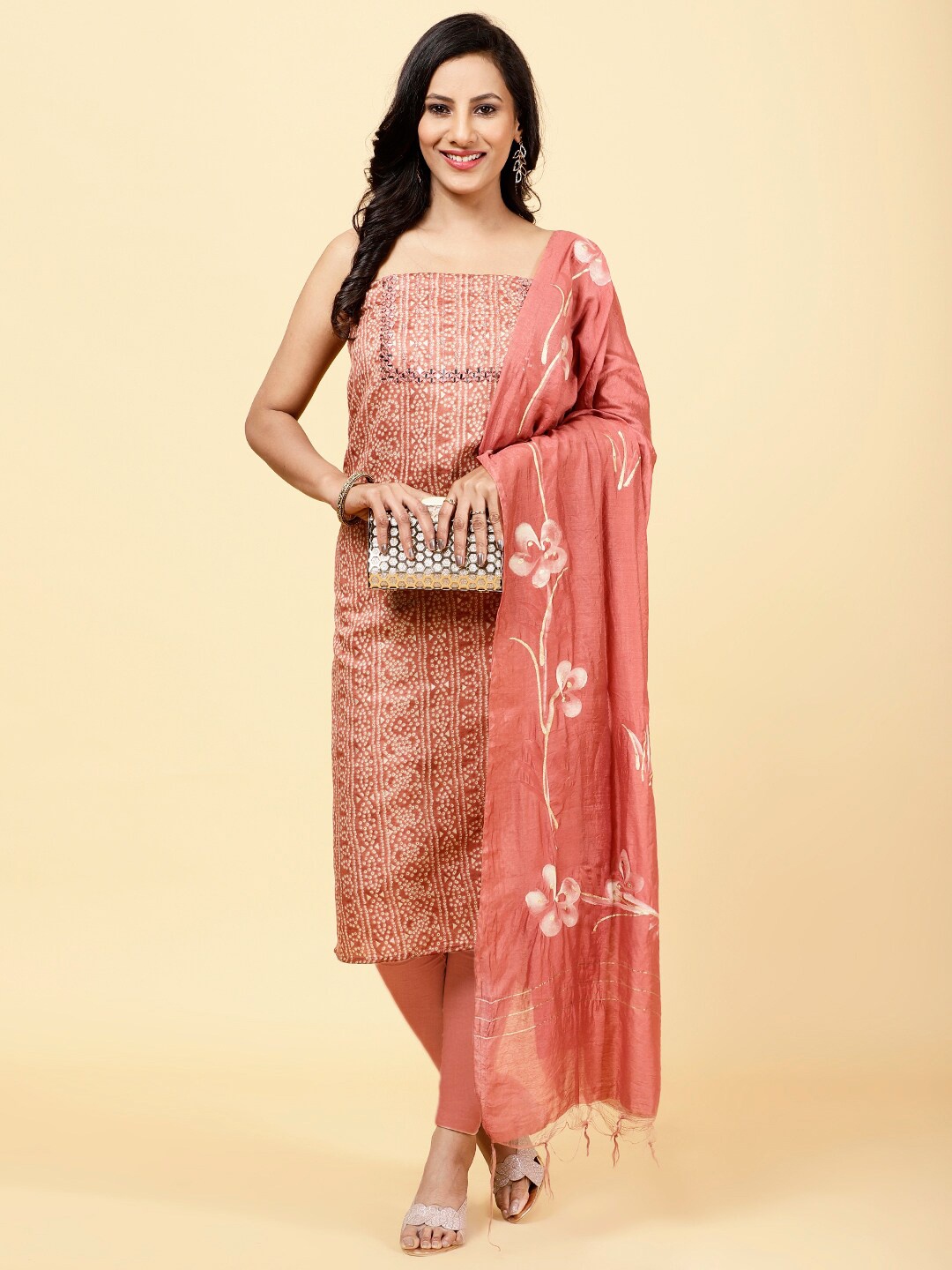 

Meena Bazaar Ethnic Motifs Printed Mirror Work Unstitched Dress Material, Coral