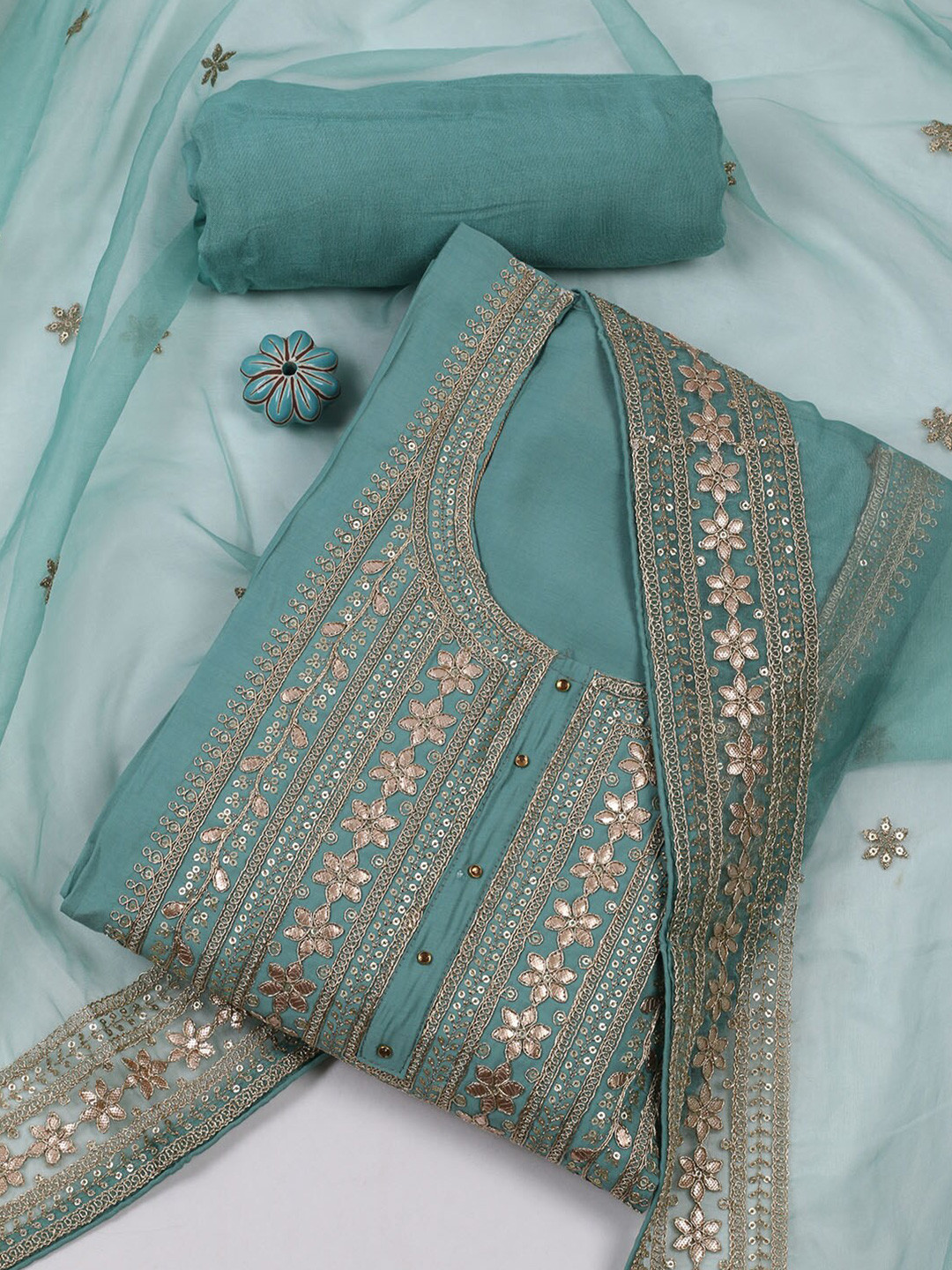 

Meena Bazaar Ethnic Motif Embellished Unstitched Dress Material, Sea green