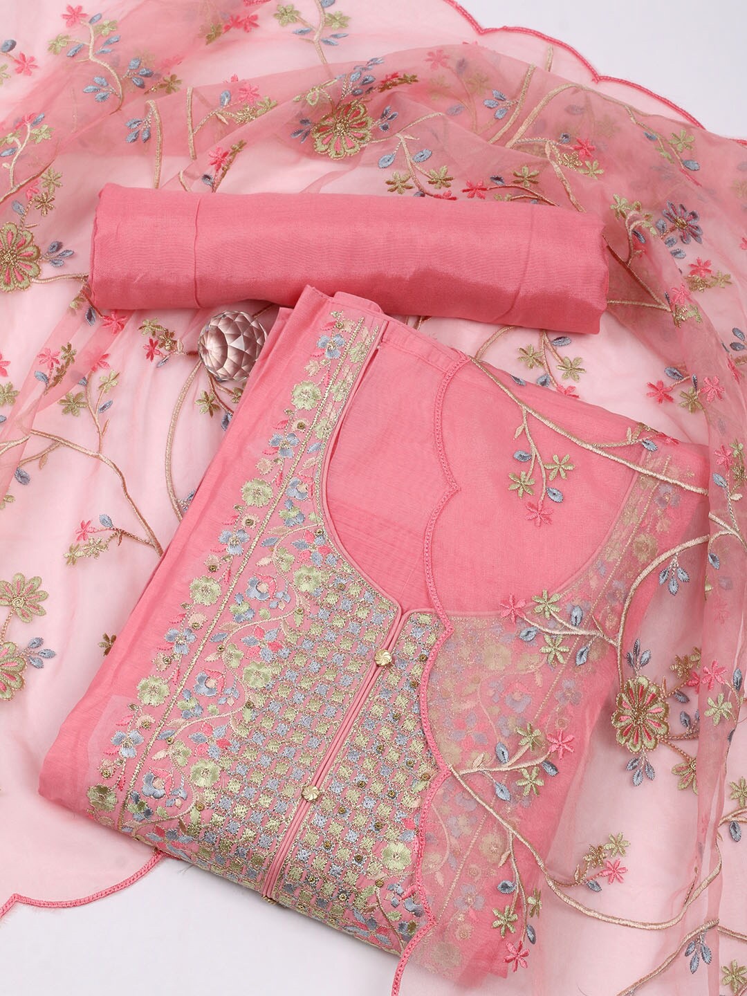 

Meena Bazaar Embroidered Unstitched Dress Material, Pink
