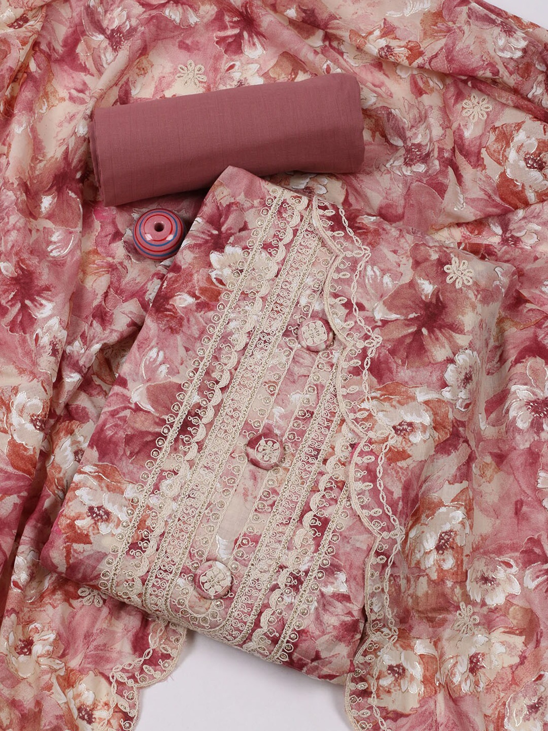 

Meena Bazaar Floral Printed Unstitched Dress Material, Pink