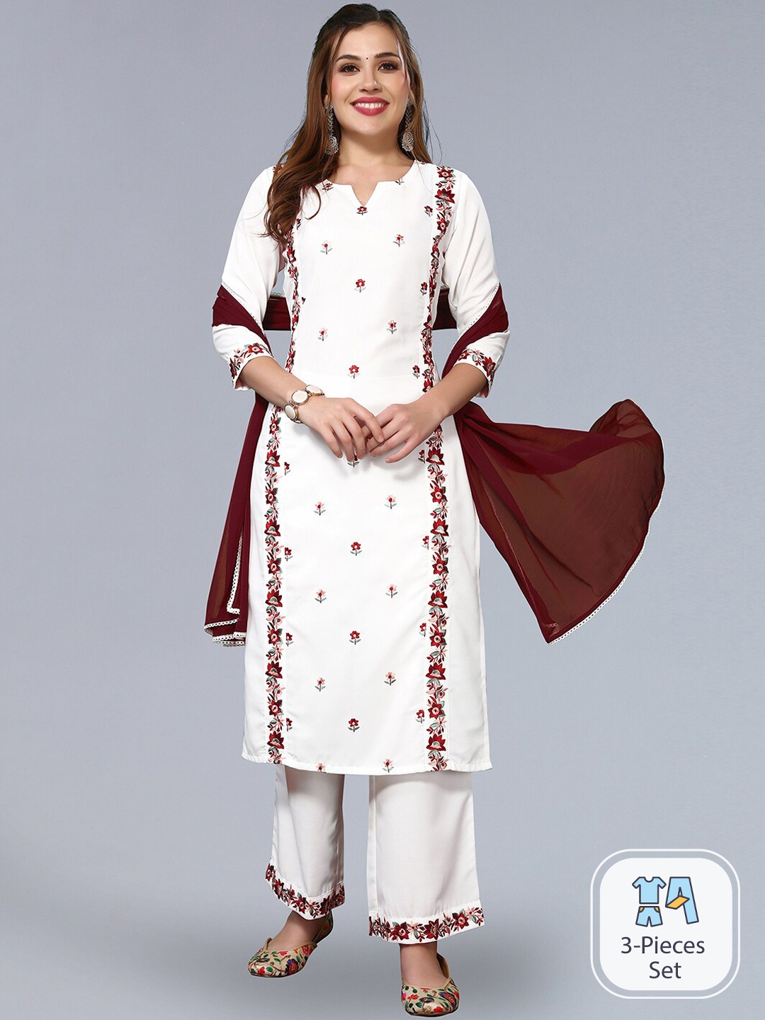 

KALINI Floral Embroidered Regular Kurta with Trousers & Dupatta, White